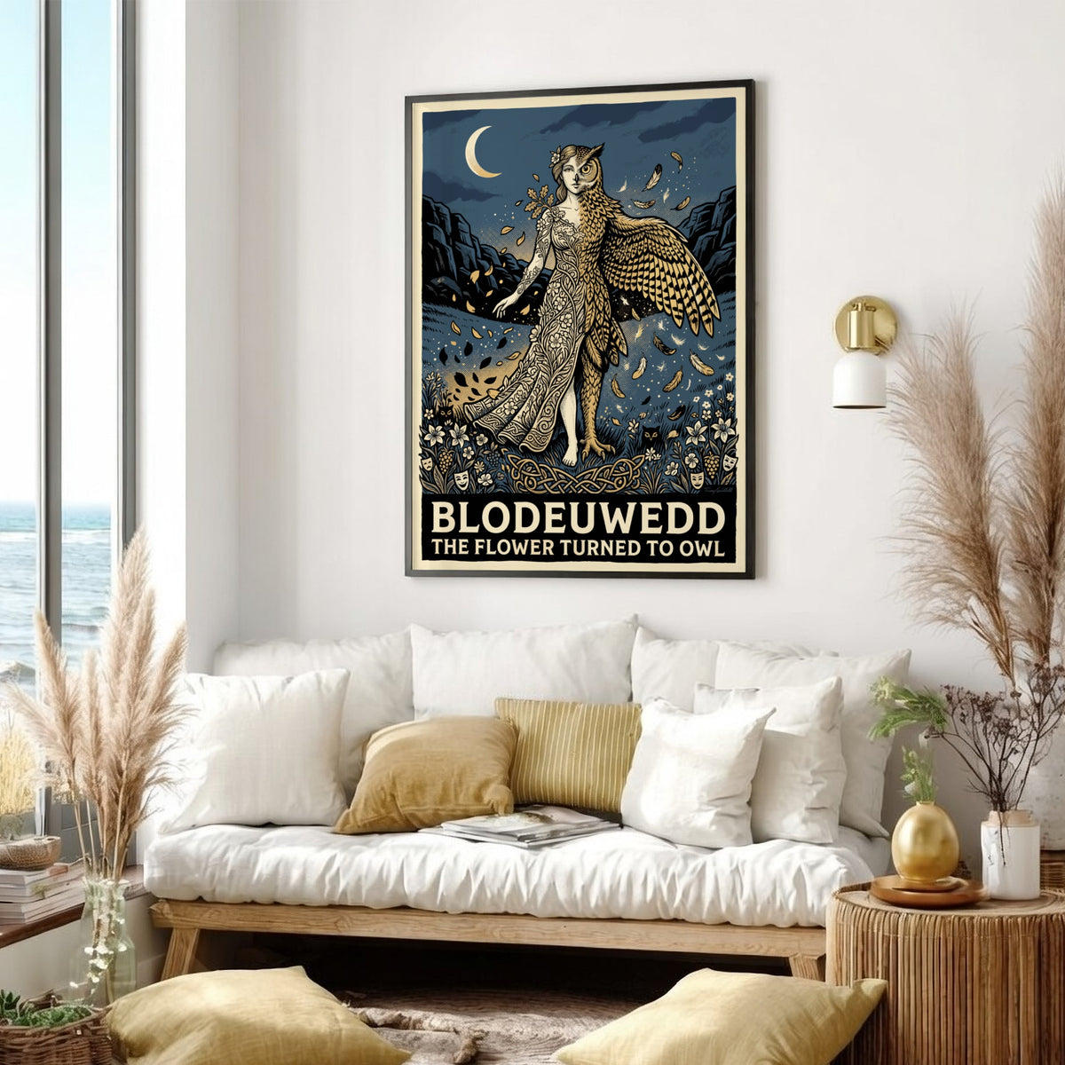 Poster of Blodeuwedd featuring a woman morphing into an owl with floral details