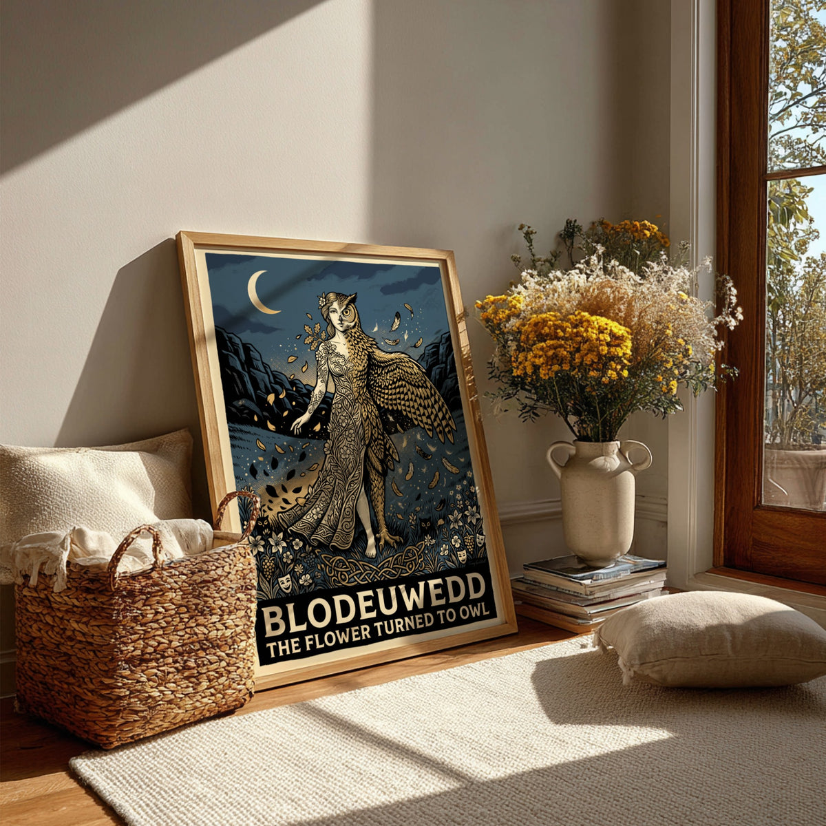 Poster of Blodeuwedd featuring a woman morphing into an owl with floral details