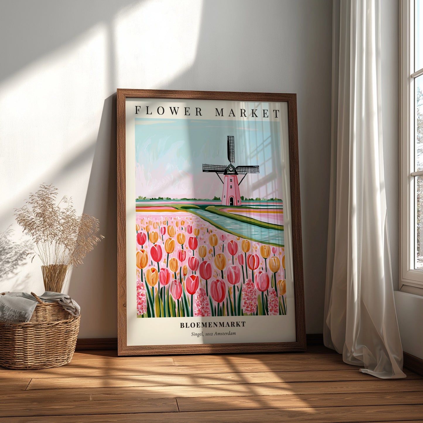 Flower market poster featuring tulips and a windmill in pastel colors