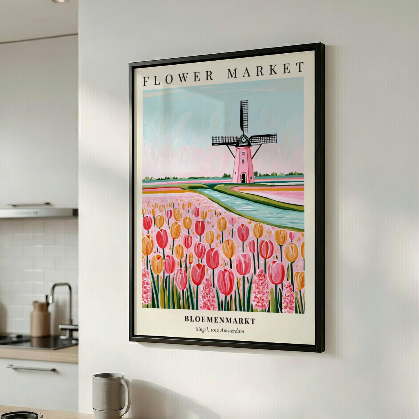 Flower market poster featuring tulips and a windmill in pastel colors
