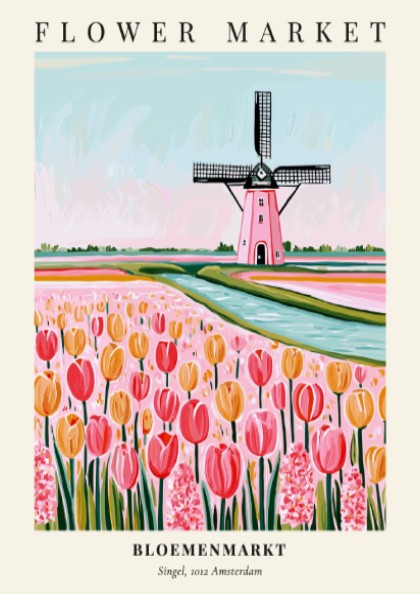 Flower market poster featuring tulips and a windmill in pastel colors