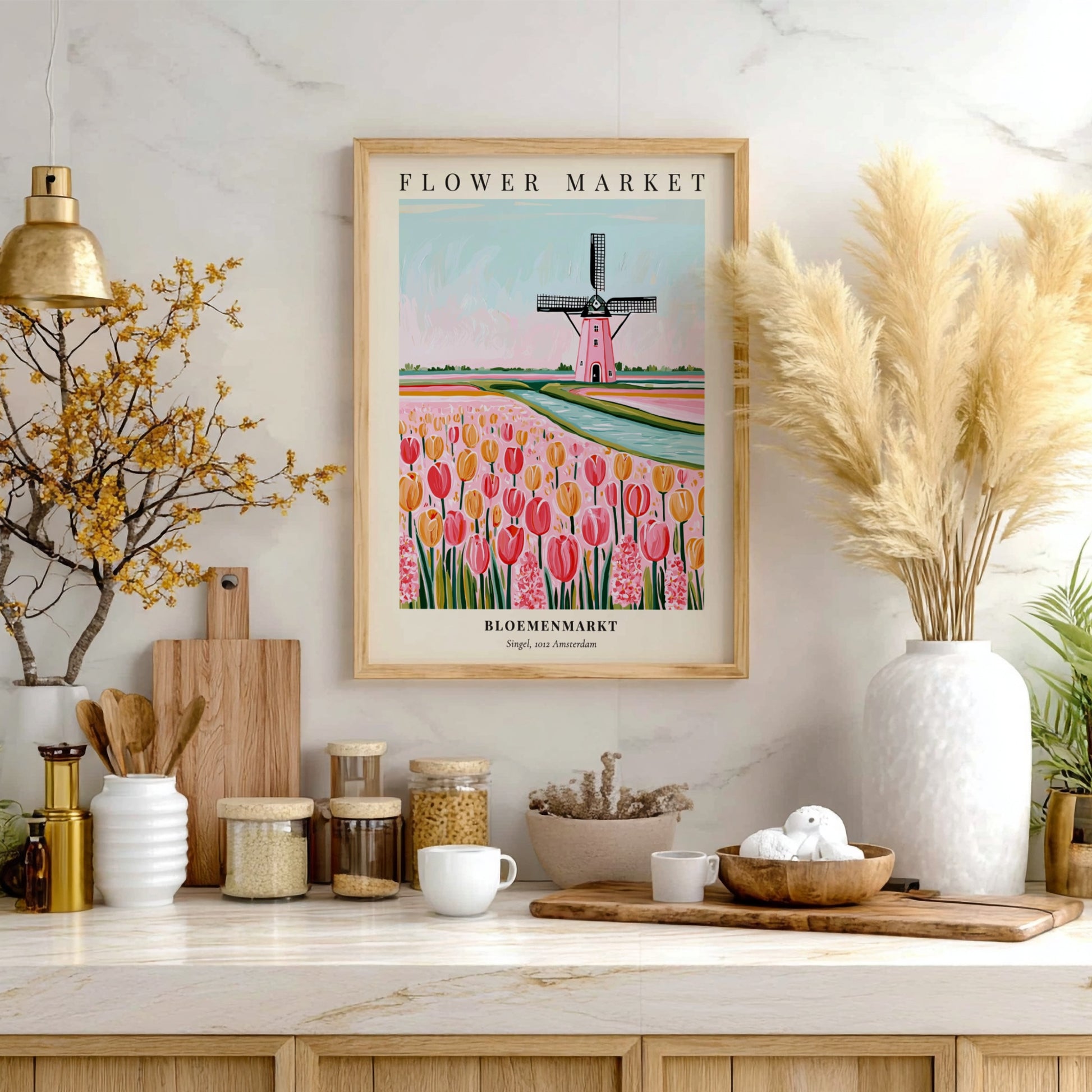Flower market poster featuring tulips and a windmill in pastel colors