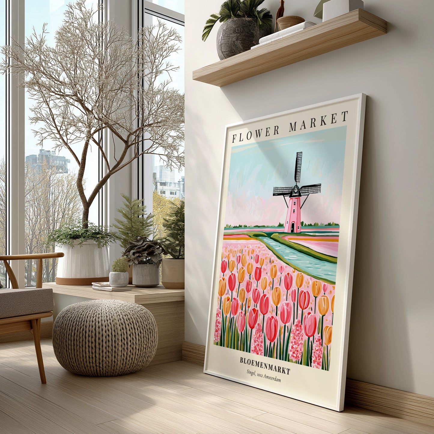 Flower market poster featuring tulips and a windmill in pastel colors