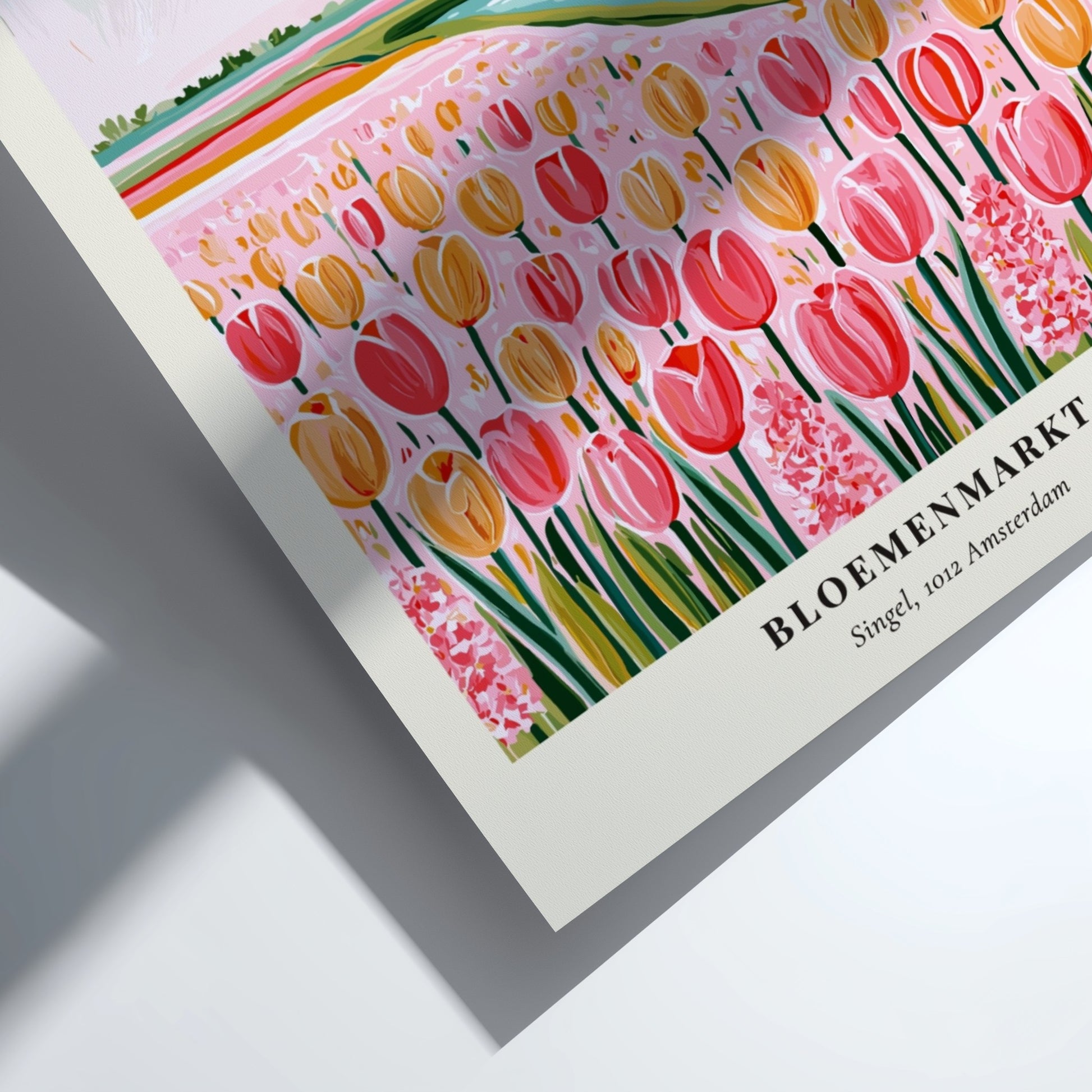 Flower market poster featuring tulips and a windmill in pastel colors