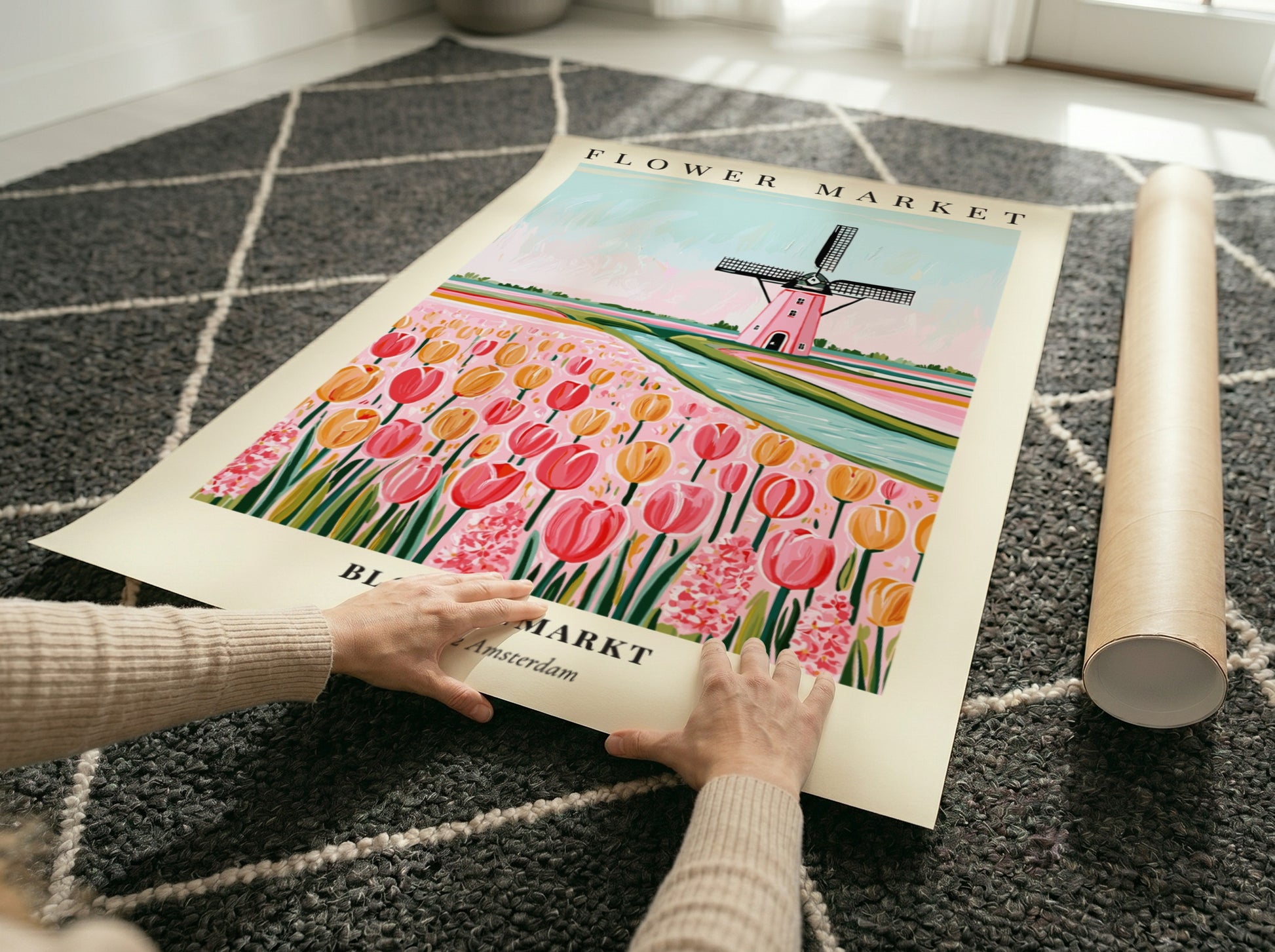 Flower market poster featuring tulips and a windmill in pastel colors