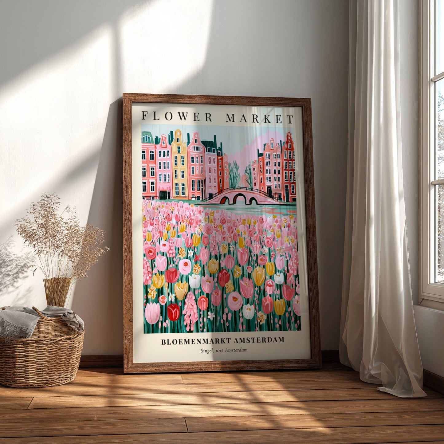 Flower market artwork featuring colorful tulips and Amsterdam canal houses in a whimsical style