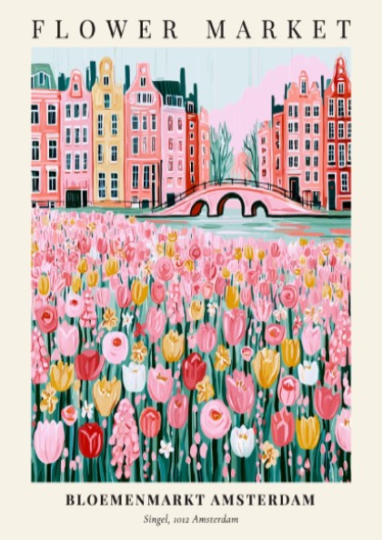 Flower market artwork featuring colorful tulips and Amsterdam canal houses in a whimsical style