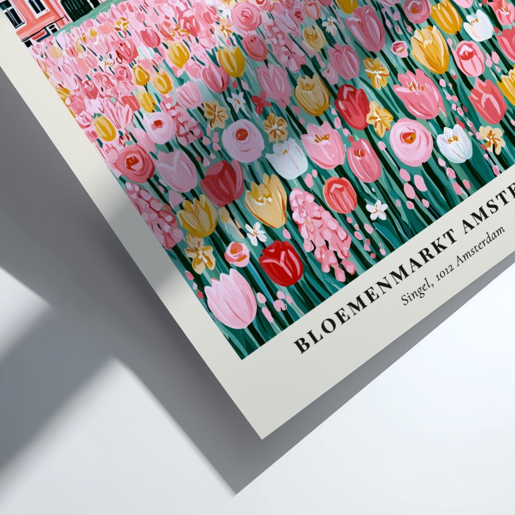 Flower market artwork featuring colorful tulips and Amsterdam canal houses in a whimsical style