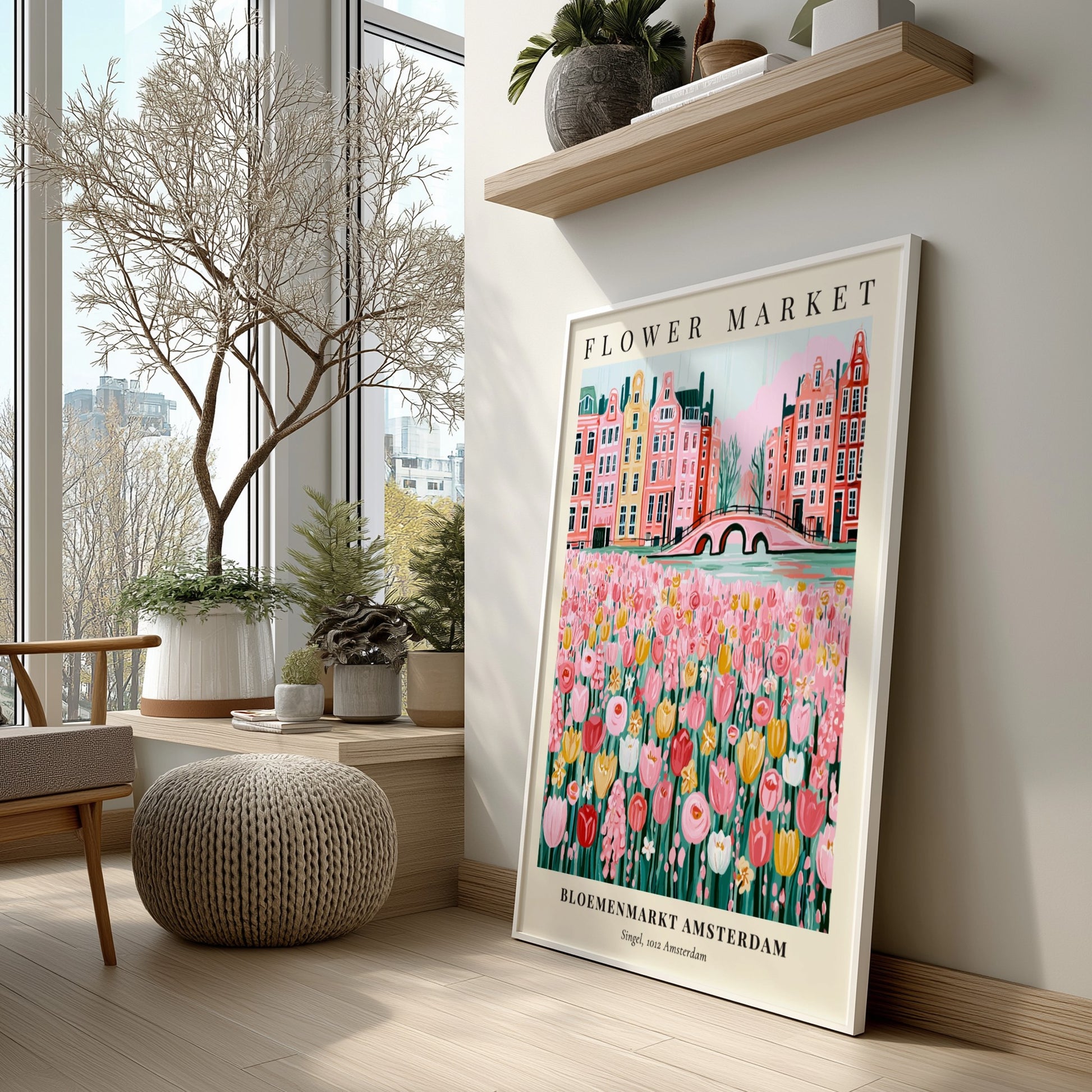 Flower market artwork featuring colorful tulips and Amsterdam canal houses in a whimsical style