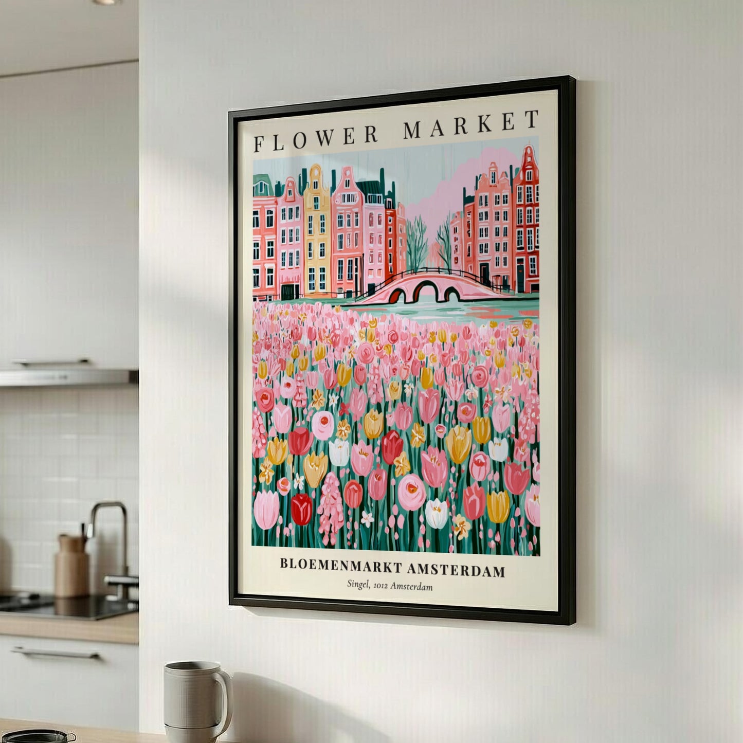Flower market artwork featuring colorful tulips and Amsterdam canal houses in a whimsical style