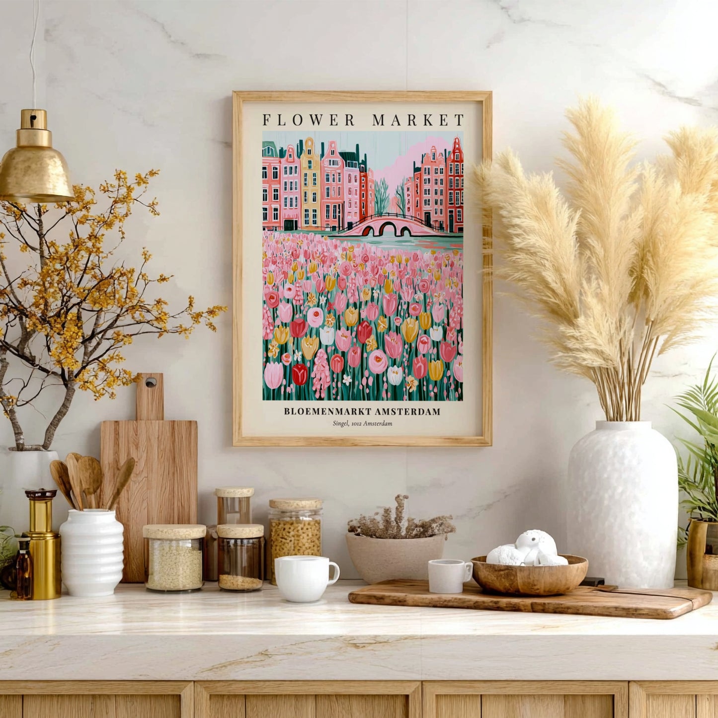 Flower market artwork featuring colorful tulips and Amsterdam canal houses in a whimsical style
