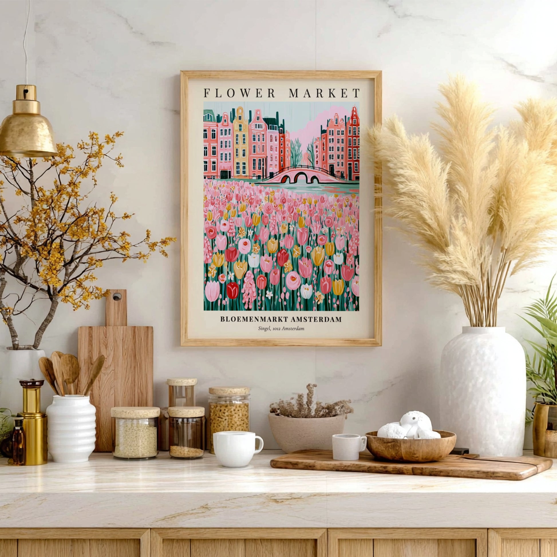 Flower market artwork featuring colorful tulips and Amsterdam canal houses in a whimsical style
