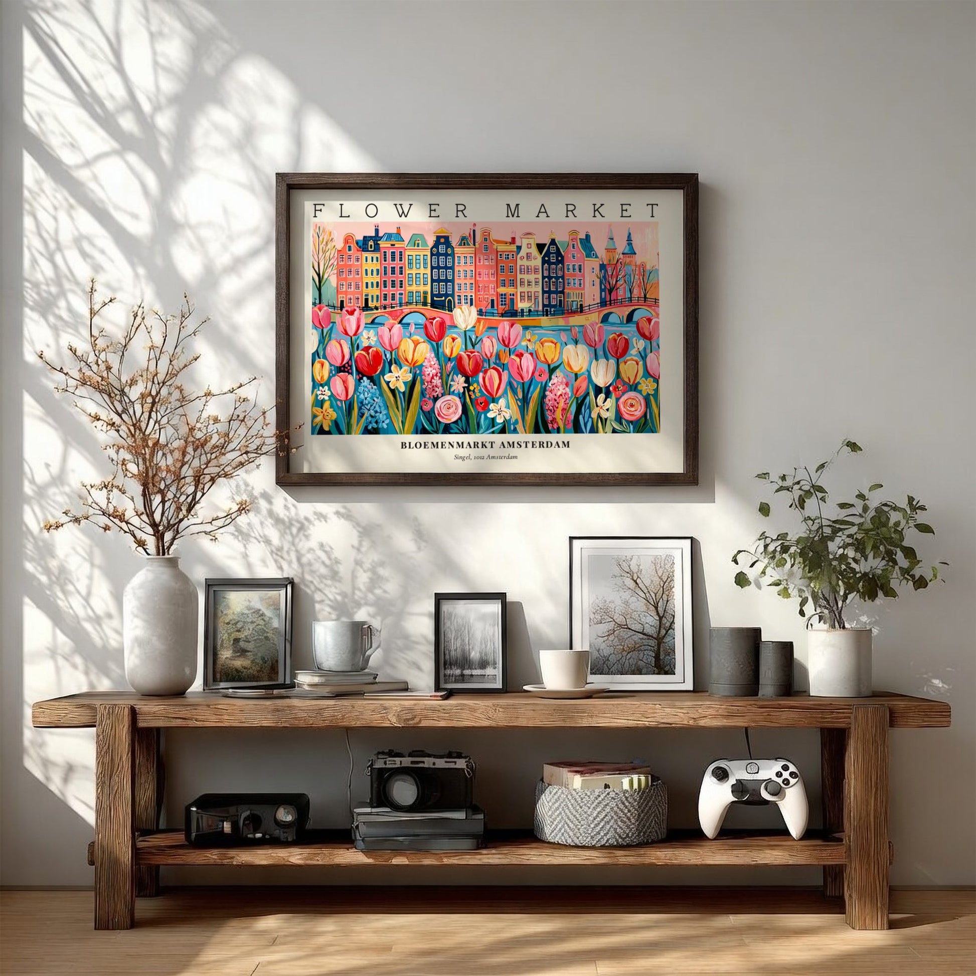 Flower market poster featuring colorful tulips and Amsterdam buildings in a vibrant style