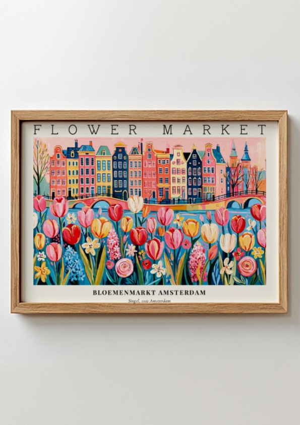 Flower market poster featuring vibrant tulips and Amsterdam buildings in a colorful style