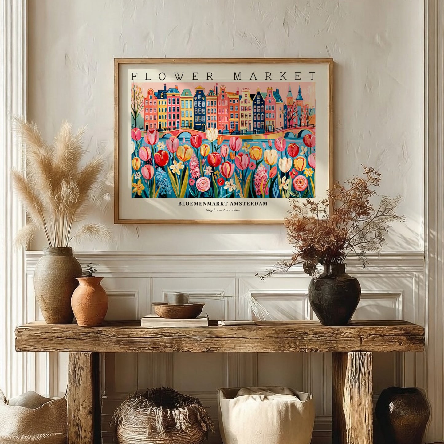 Flower market poster featuring colorful tulips and Amsterdam buildings in a vibrant style
