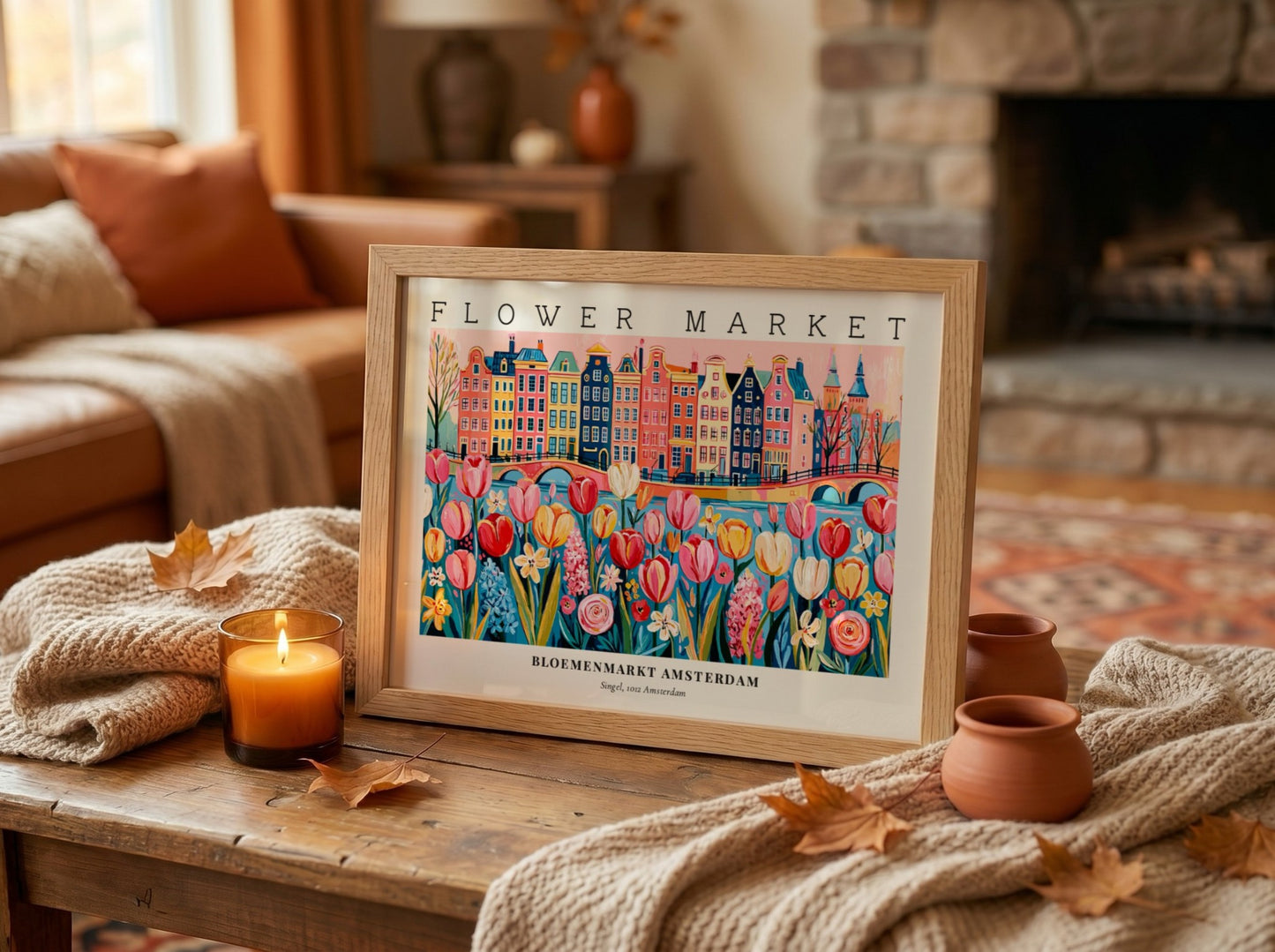 Flower market poster featuring colorful tulips and Amsterdam buildings in a vibrant style