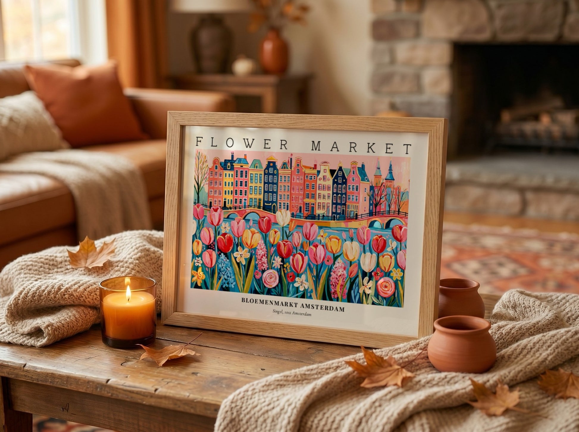 Flower market poster featuring colorful tulips and Amsterdam buildings in a vibrant style