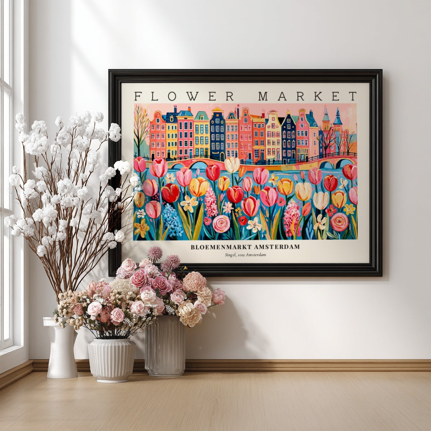 Flower market poster featuring vibrant tulips and Amsterdam buildings in a colorful style