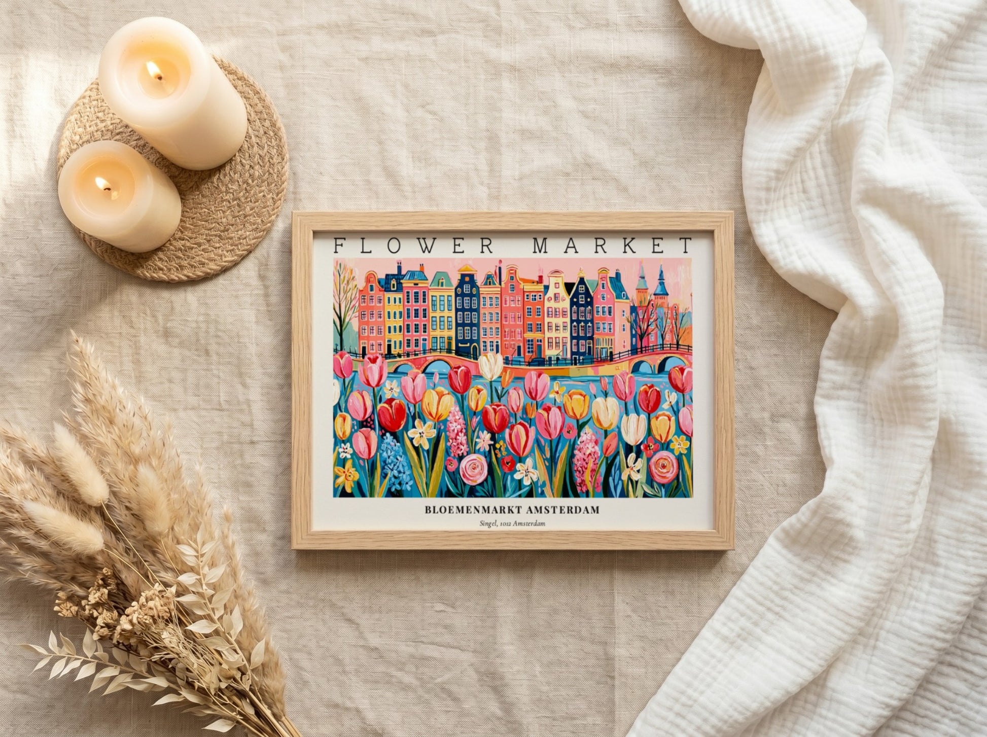 Flower market poster featuring vibrant tulips and Amsterdam buildings in a colorful style