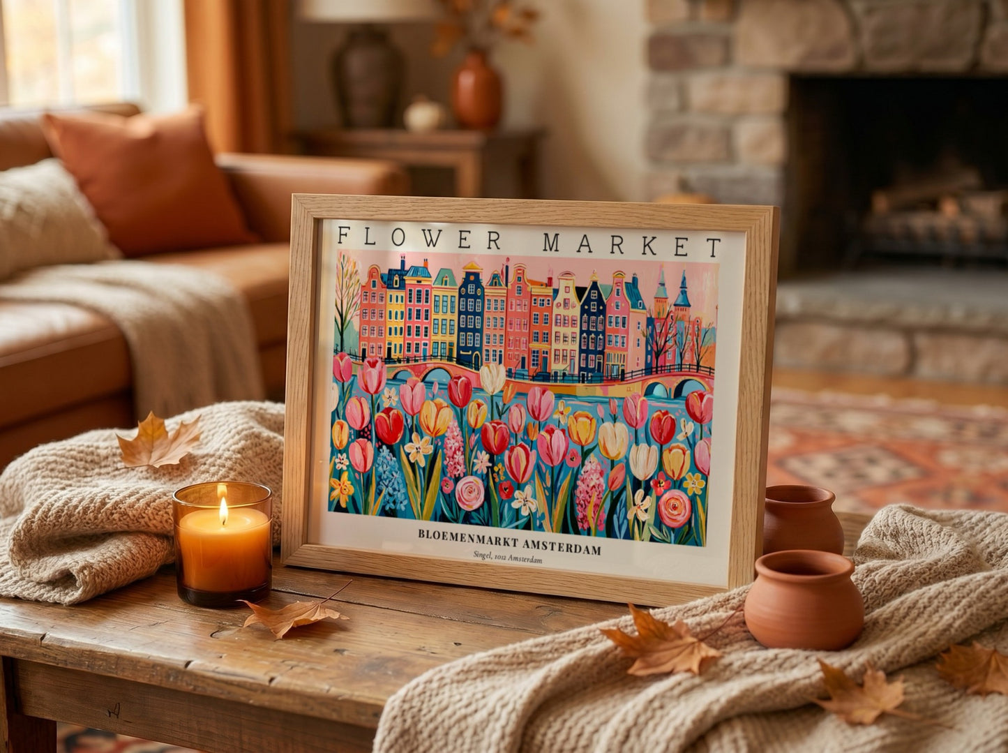 Flower market poster featuring vibrant tulips and Amsterdam buildings in a colorful style