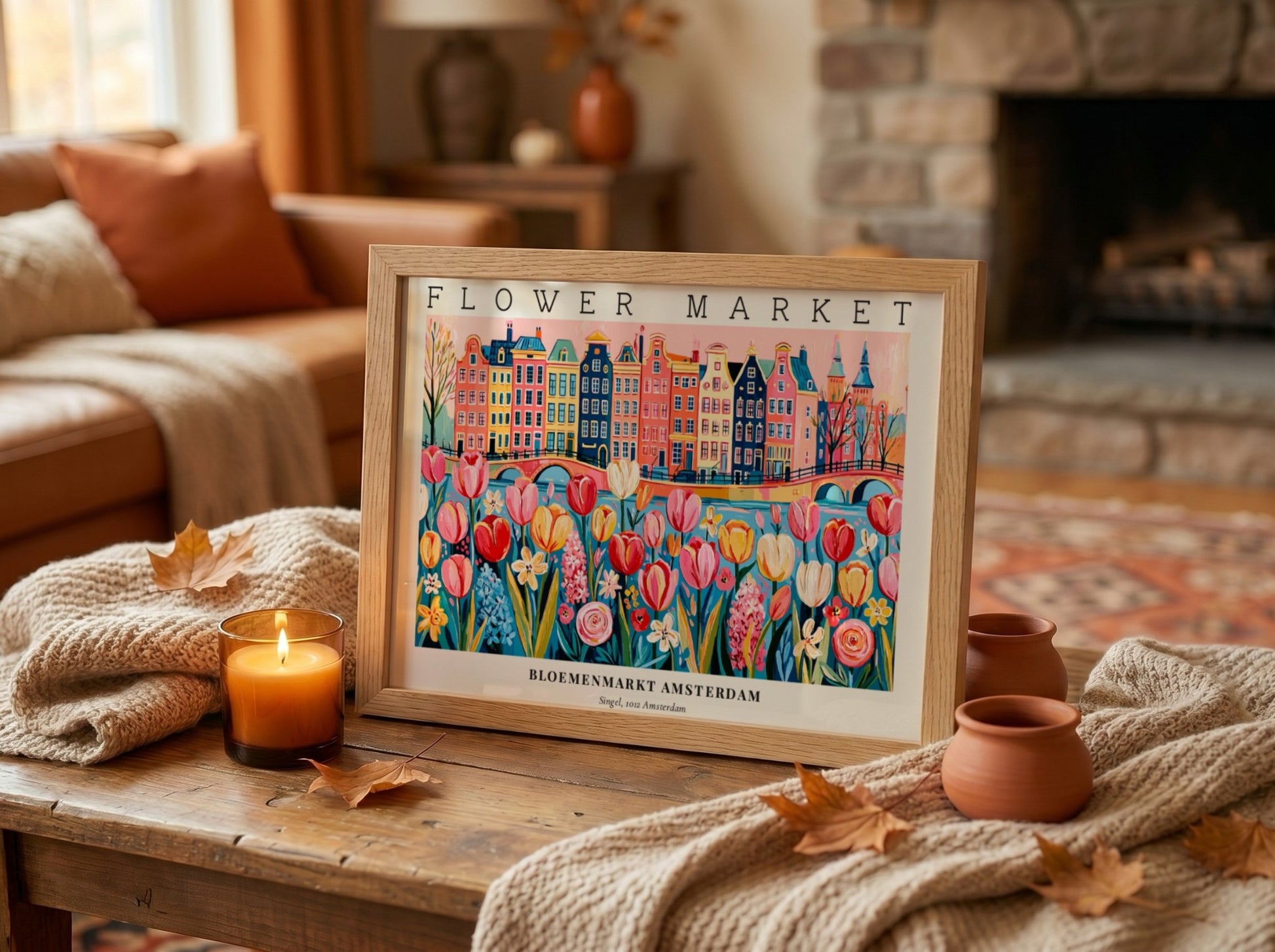 Flower market poster featuring vibrant tulips and Amsterdam buildings in a colorful style