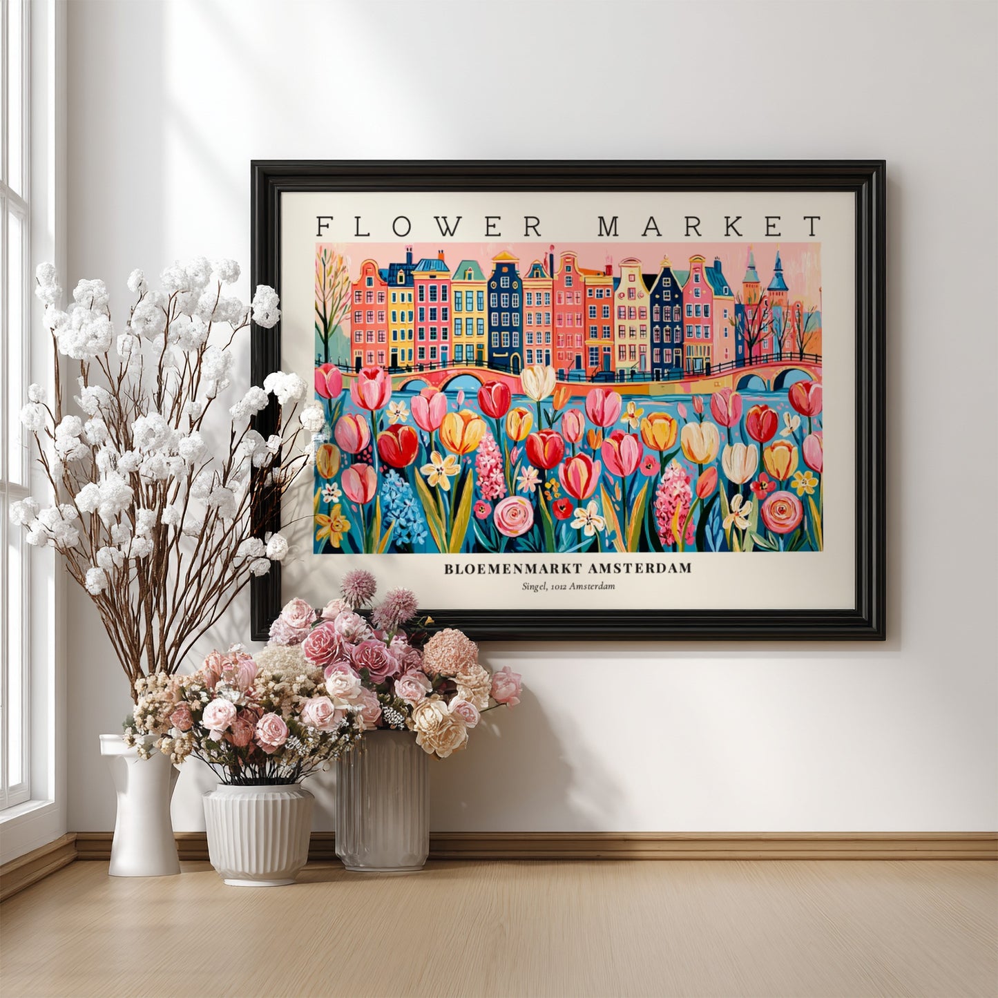Flower market poster featuring colorful tulips and Amsterdam buildings in a vibrant style