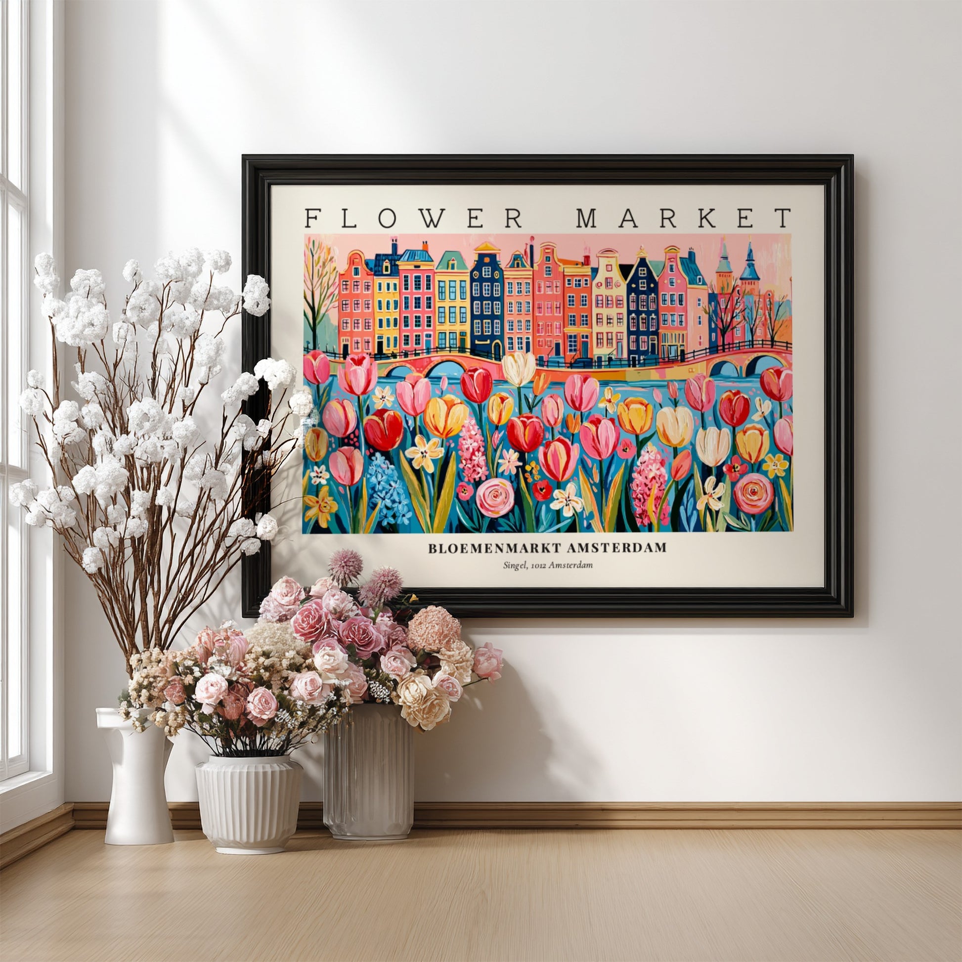 Flower market poster featuring colorful tulips and Amsterdam buildings in a vibrant style