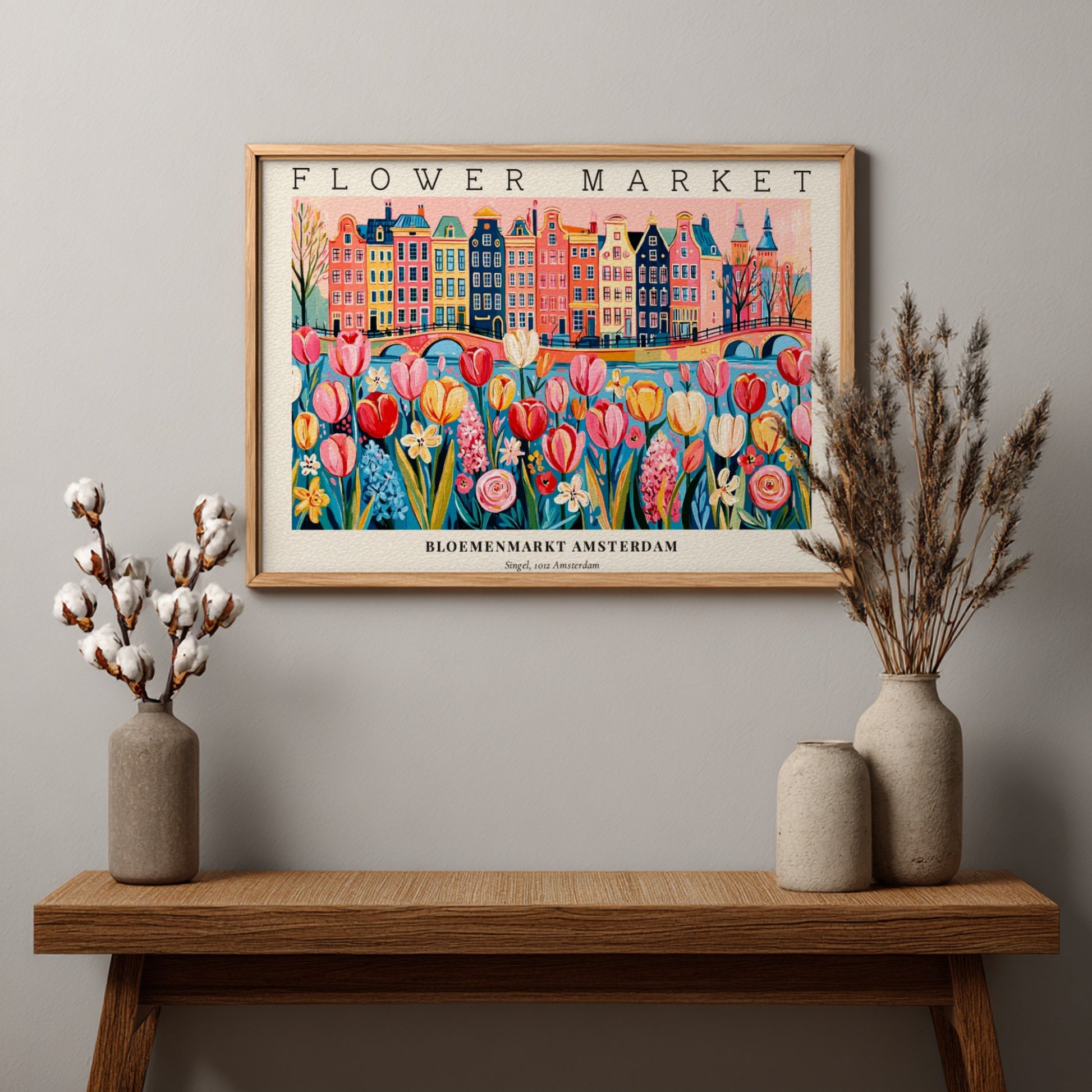 Flower market poster featuring vibrant tulips and Amsterdam buildings in a colorful style
