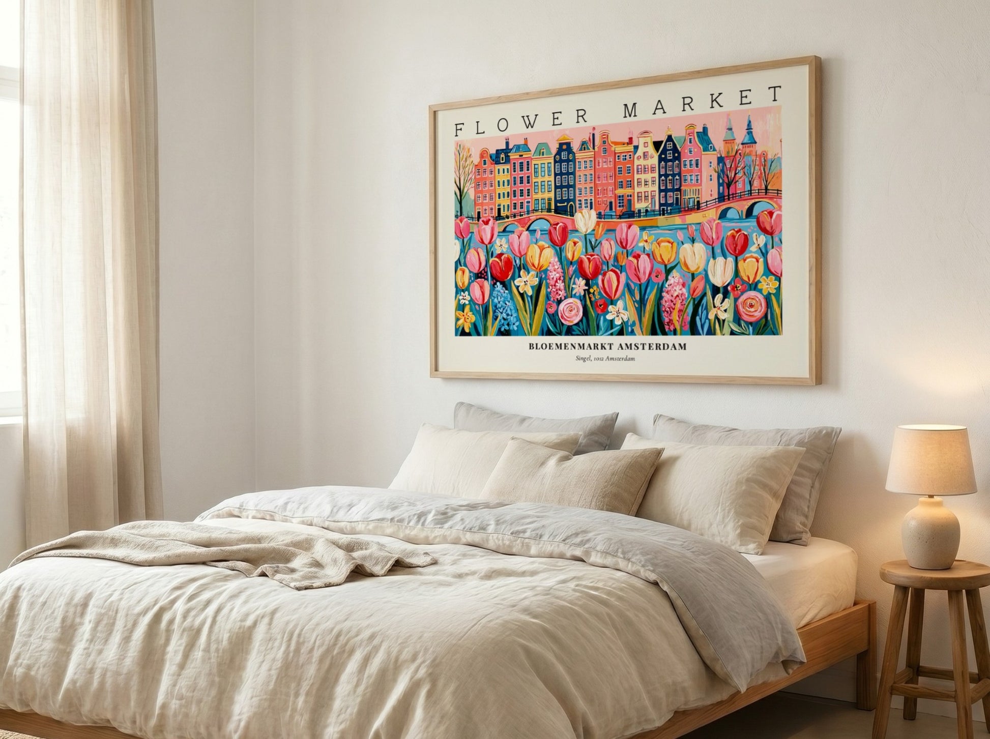 Flower market poster featuring colorful tulips and Amsterdam buildings in a vibrant style