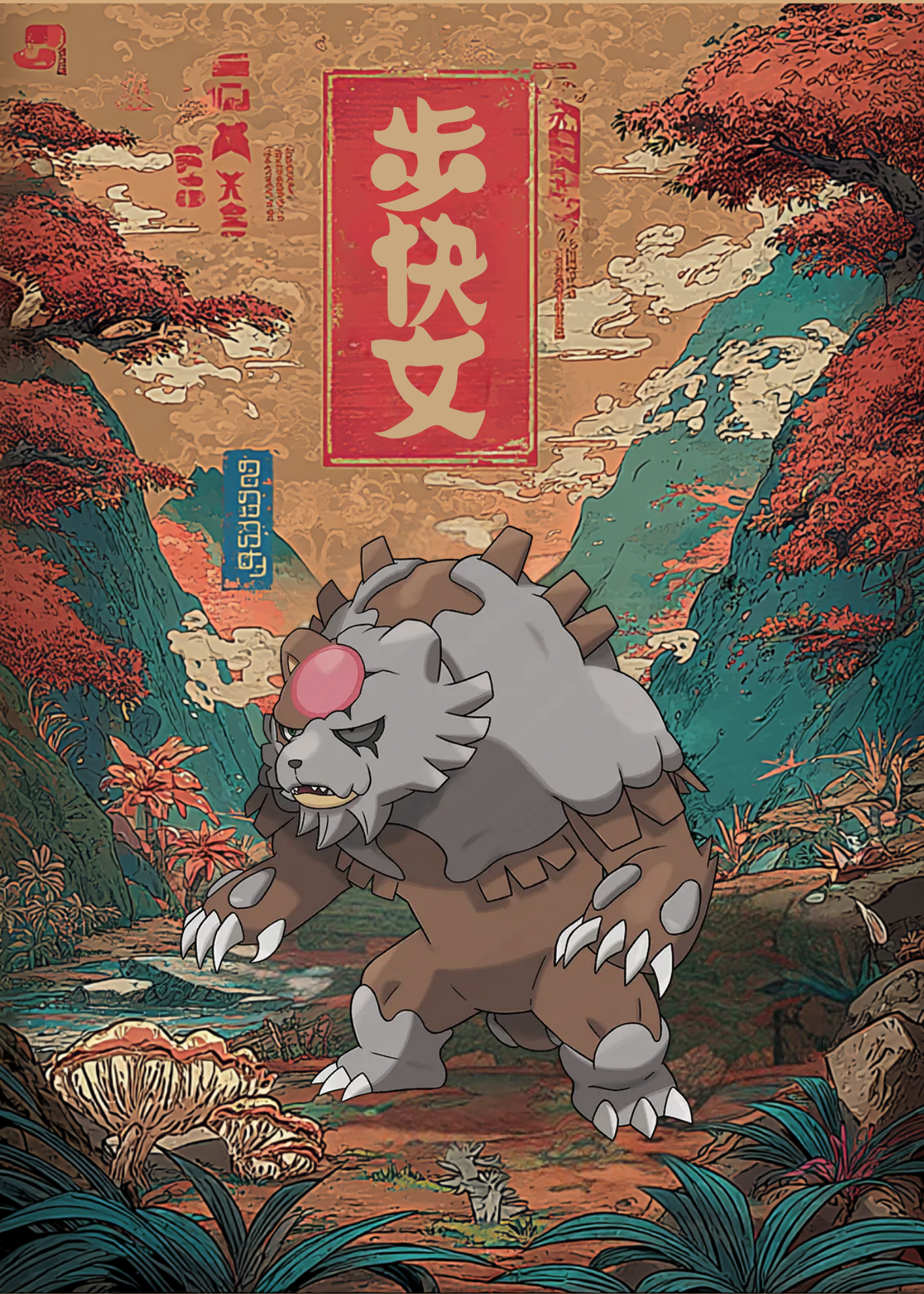 Bloodmoon Ursaluna creature in a fantasy landscape with mountains and trees, featuring Japanese text.