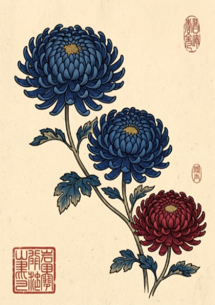 Japanese art style poster featuring blue and red chrysanthemums flowers