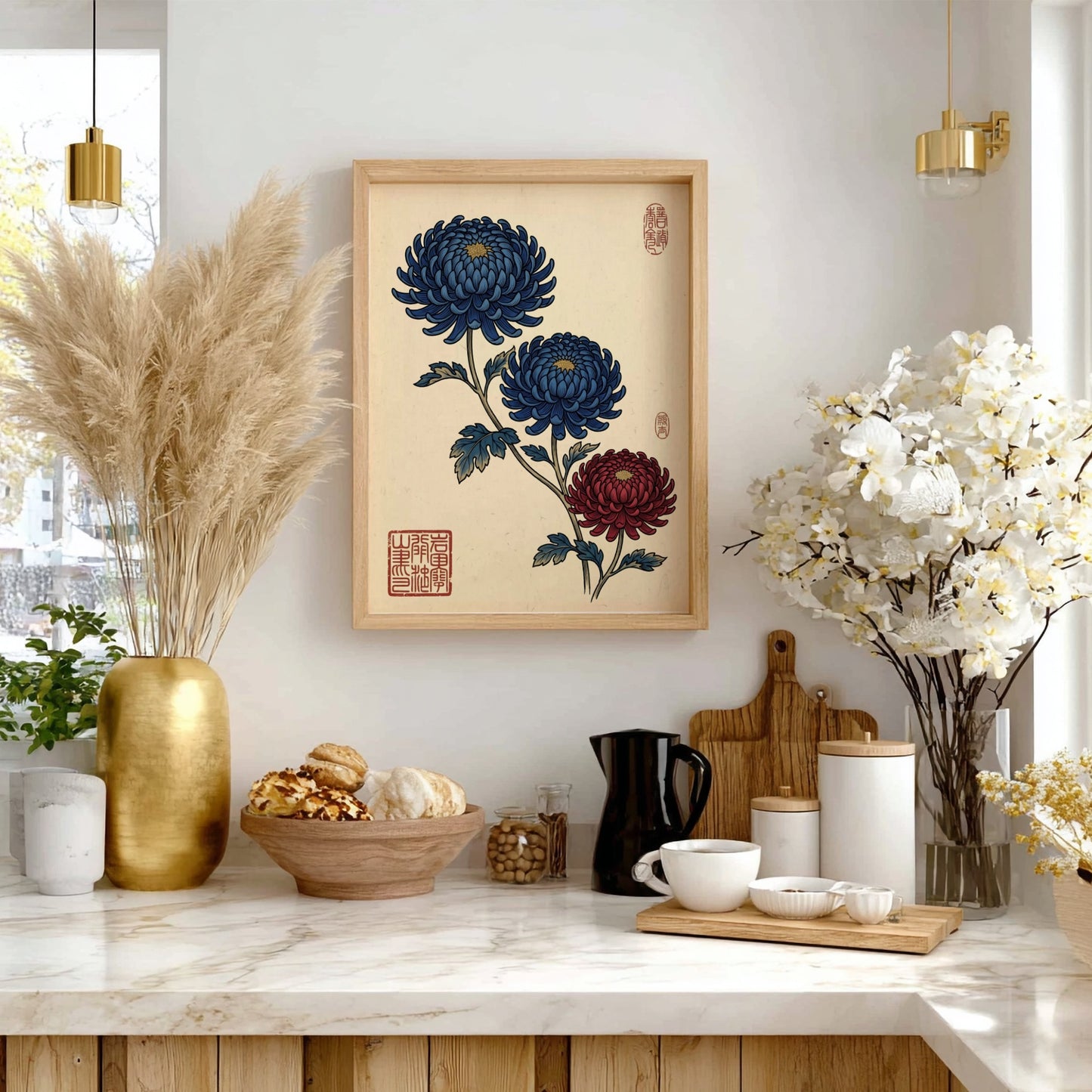 Japanese art style poster featuring blue and red chrysanthemums flowers
