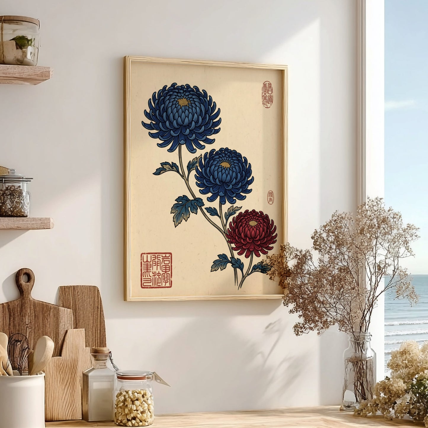 Japanese art style poster featuring blue and red chrysanthemums flowers