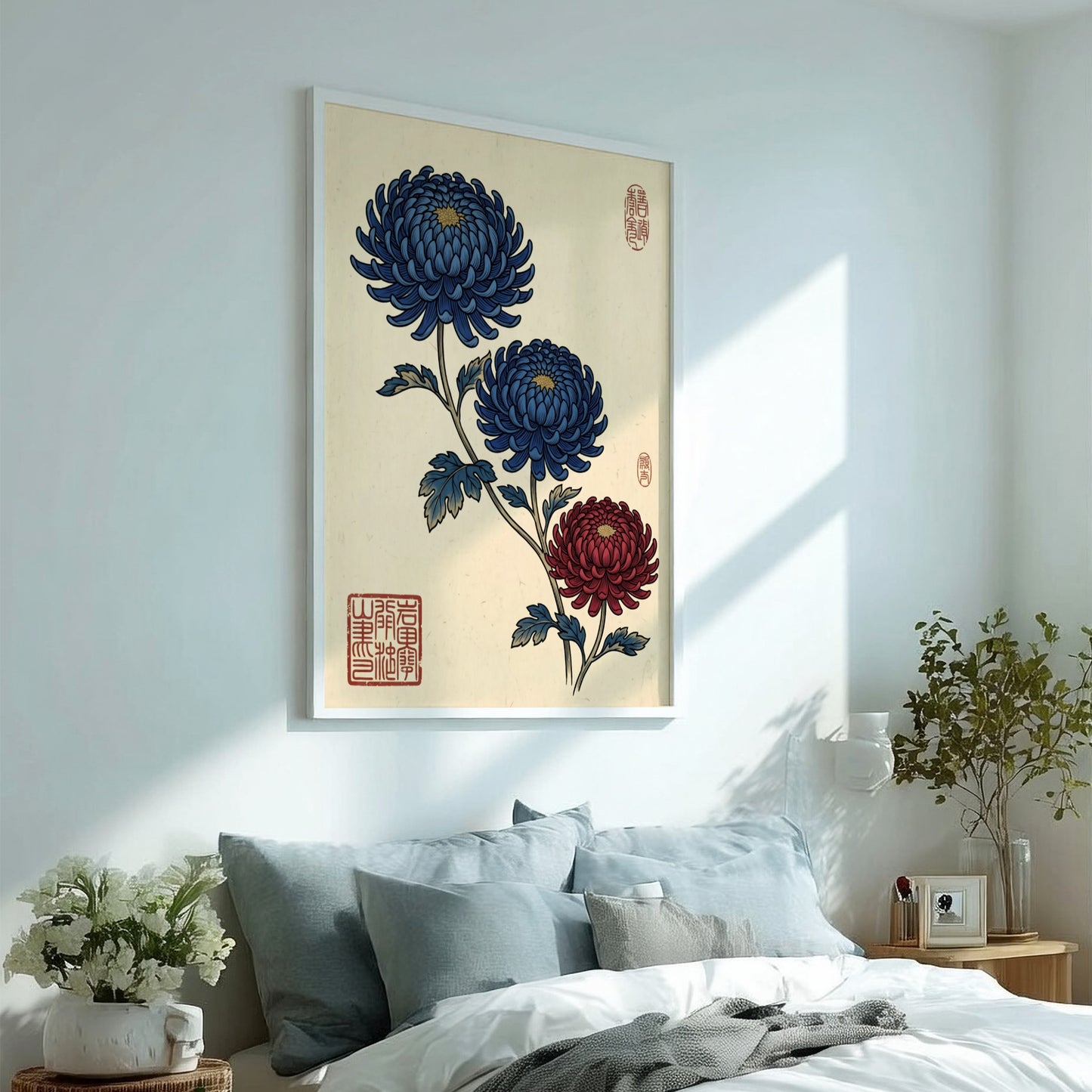 Japanese art style poster featuring blue and red chrysanthemums flowers