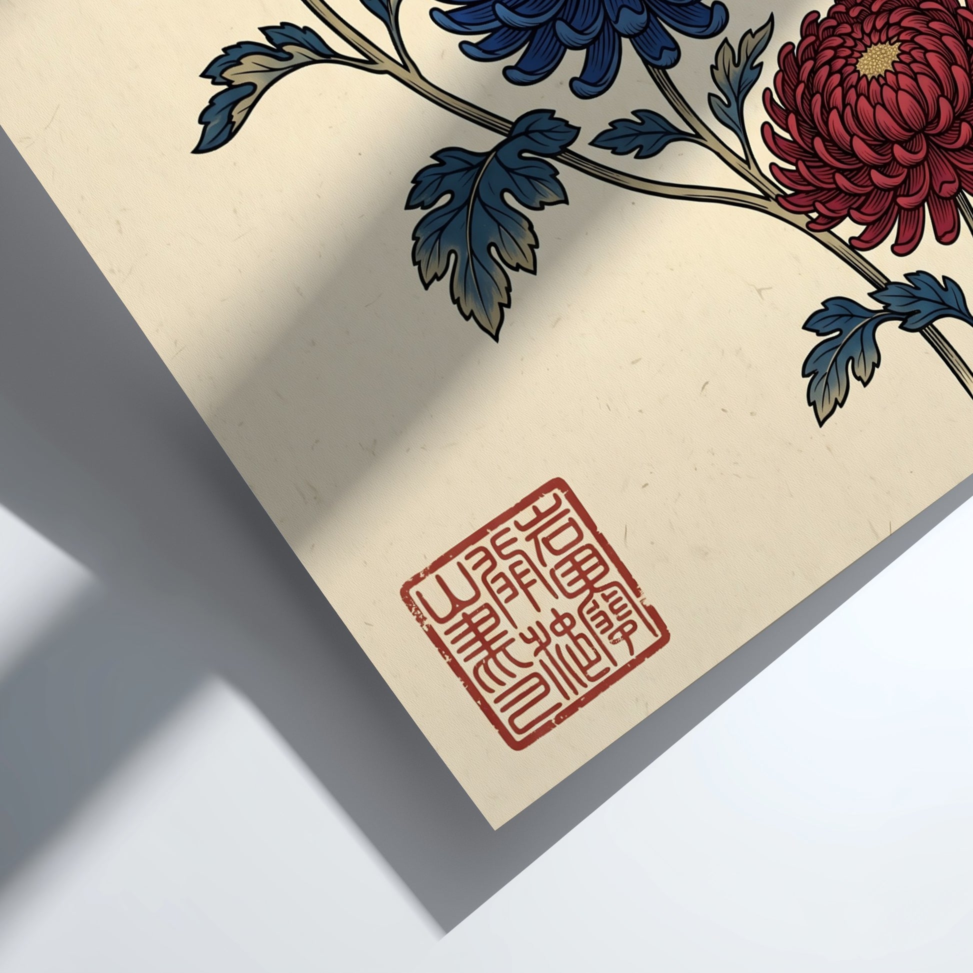 Japanese art style poster featuring blue and red chrysanthemums flowers