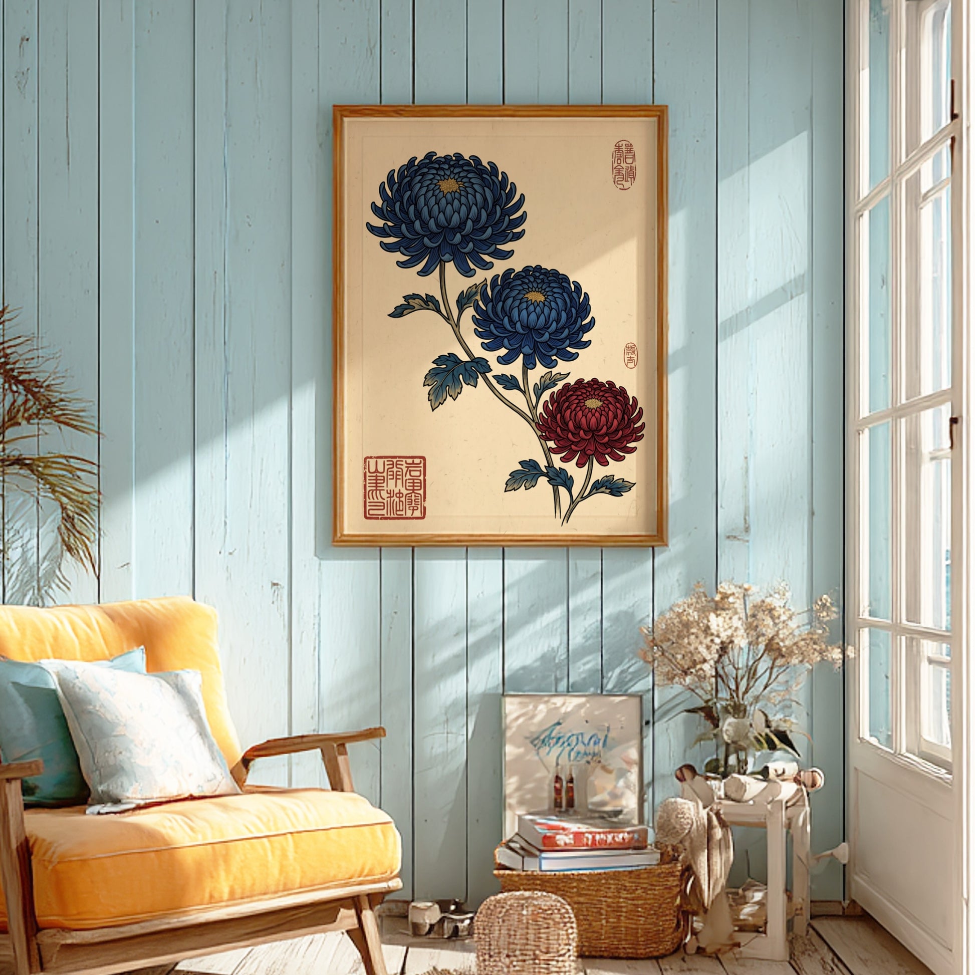 Japanese art style poster featuring blue and red chrysanthemums flowers