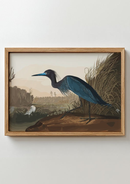 Blue Crane poster featuring nature wall art with soft colors and detailed illustration of a crane