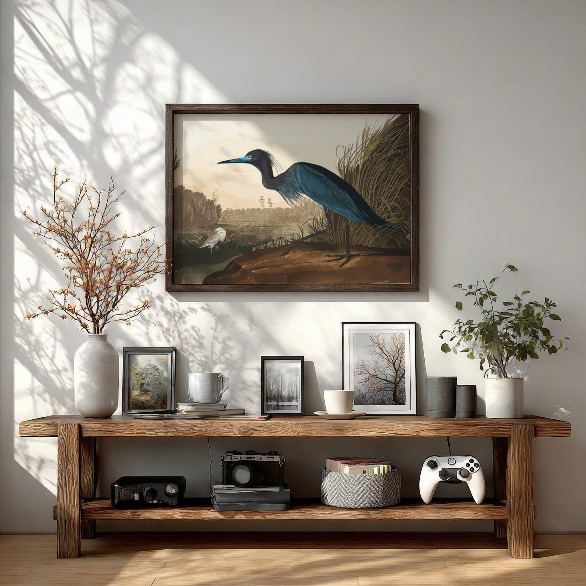 Blue Crane poster featuring nature wall art with soft colors and detailed illustration of a crane