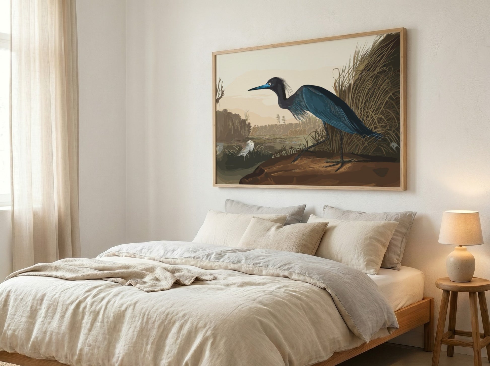 Blue Crane poster featuring nature wall art with soft colors and detailed illustration of a crane