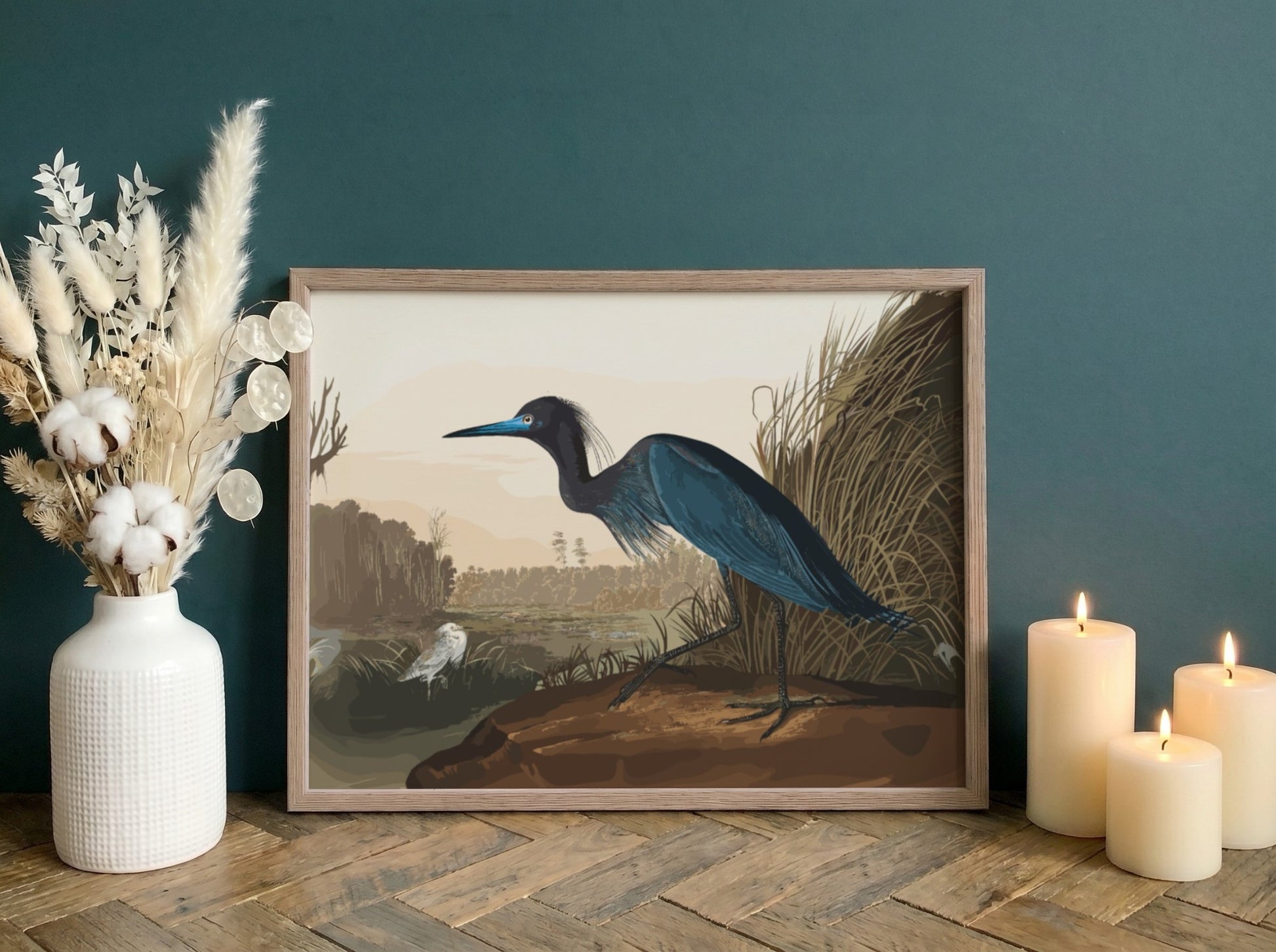 Blue Crane poster featuring nature wall art with soft colors and detailed illustration of a crane