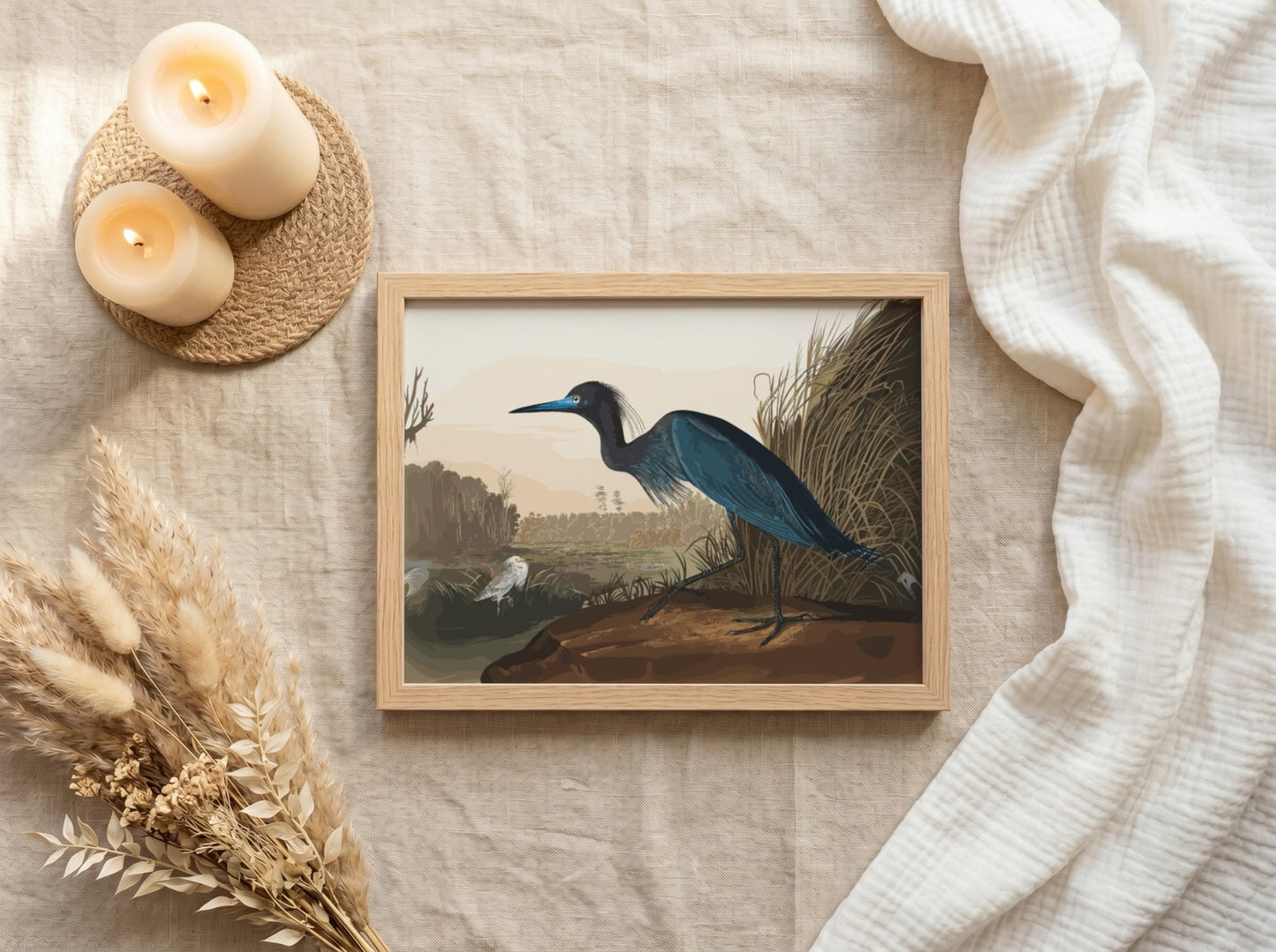 Blue Crane poster featuring nature wall art with soft colors and detailed illustration of a crane