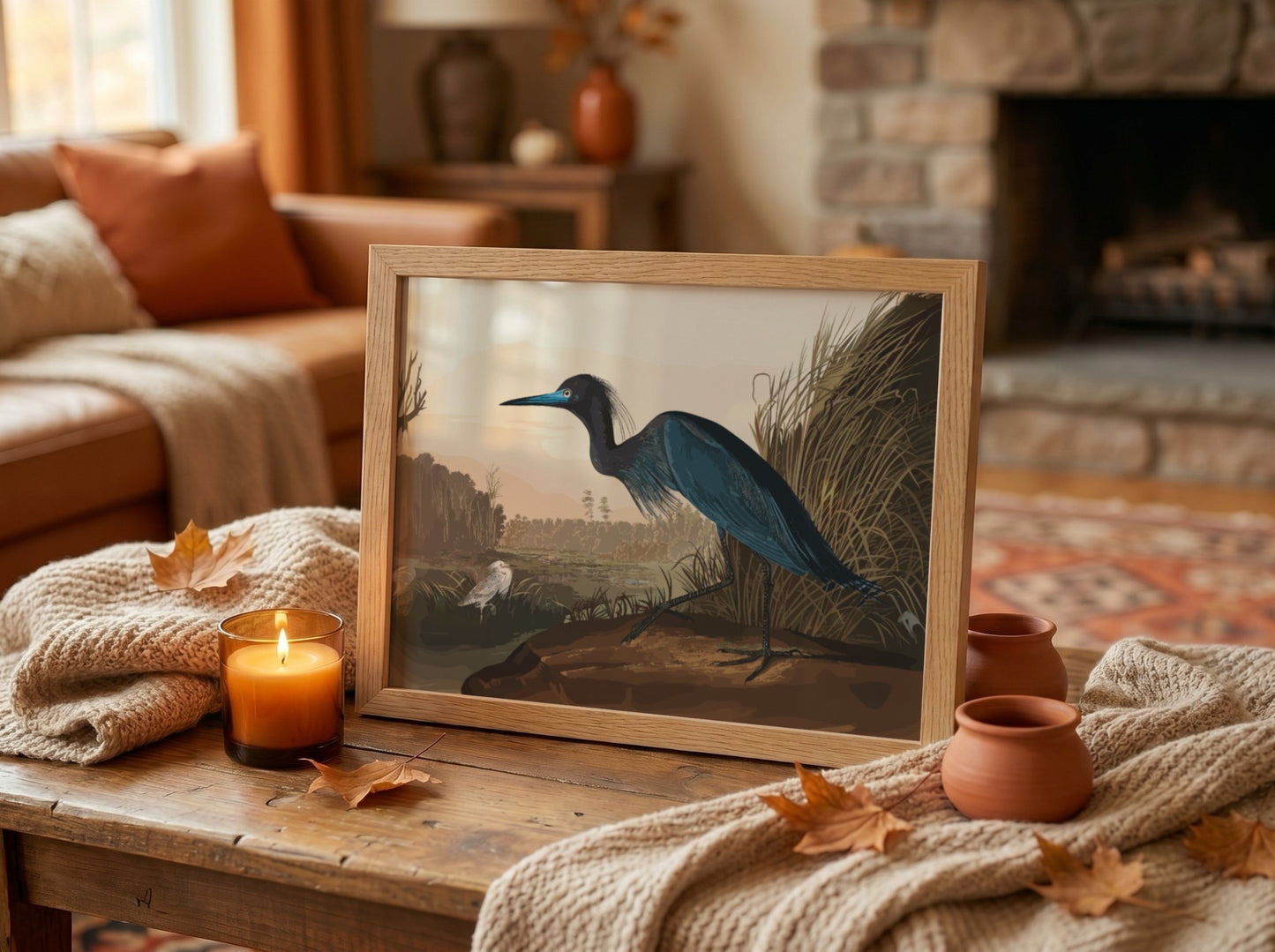 Blue Crane poster featuring nature wall art with soft colors and detailed illustration of a crane