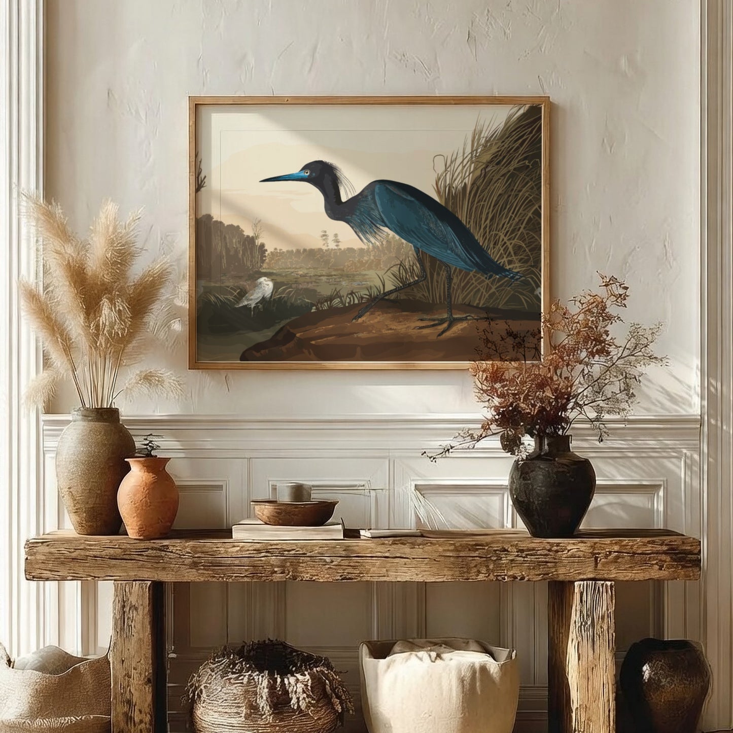Blue Crane poster featuring nature wall art with soft colors and detailed illustration of a crane
