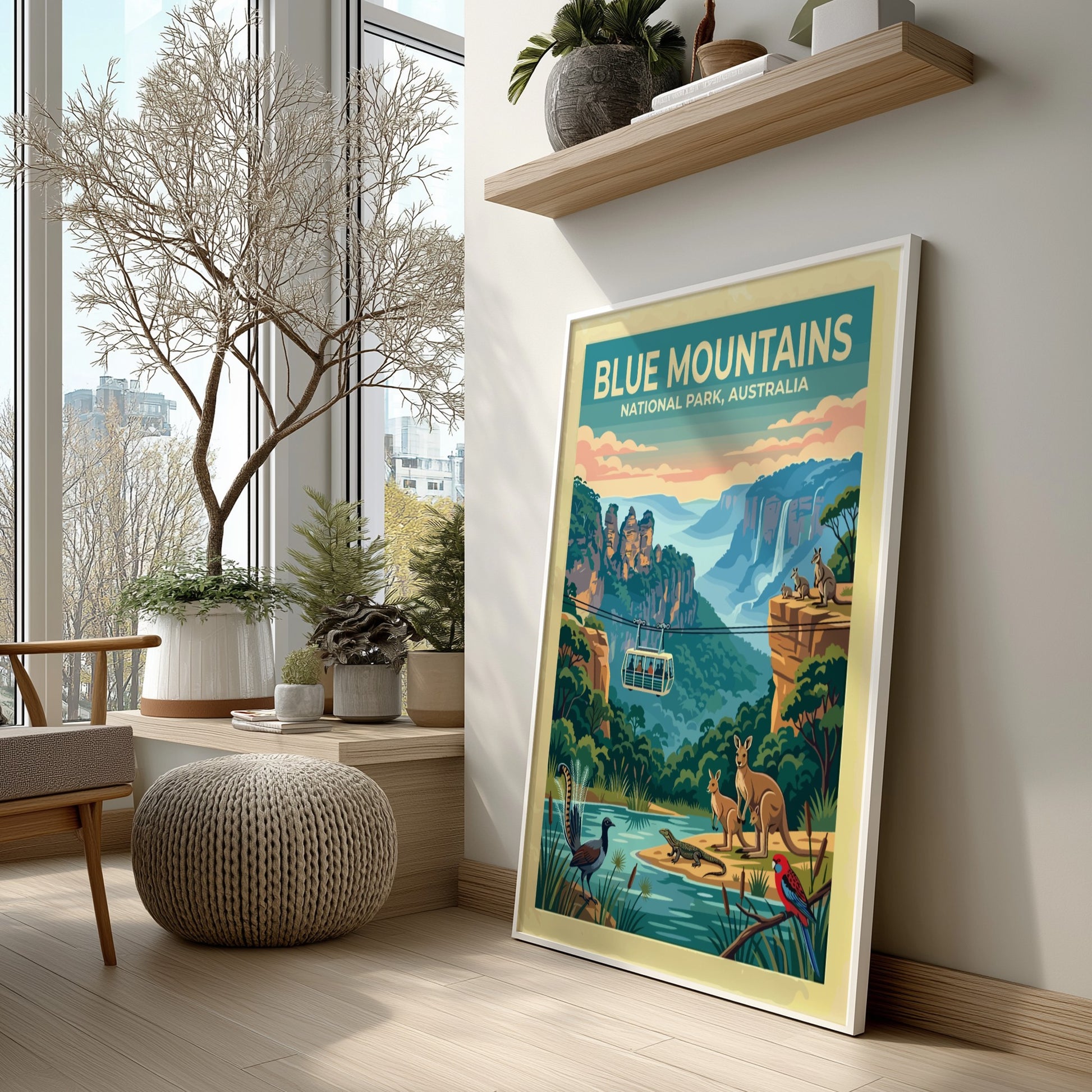 Australia travel poster featuring the Blue Mountains with cable car and native wildlife