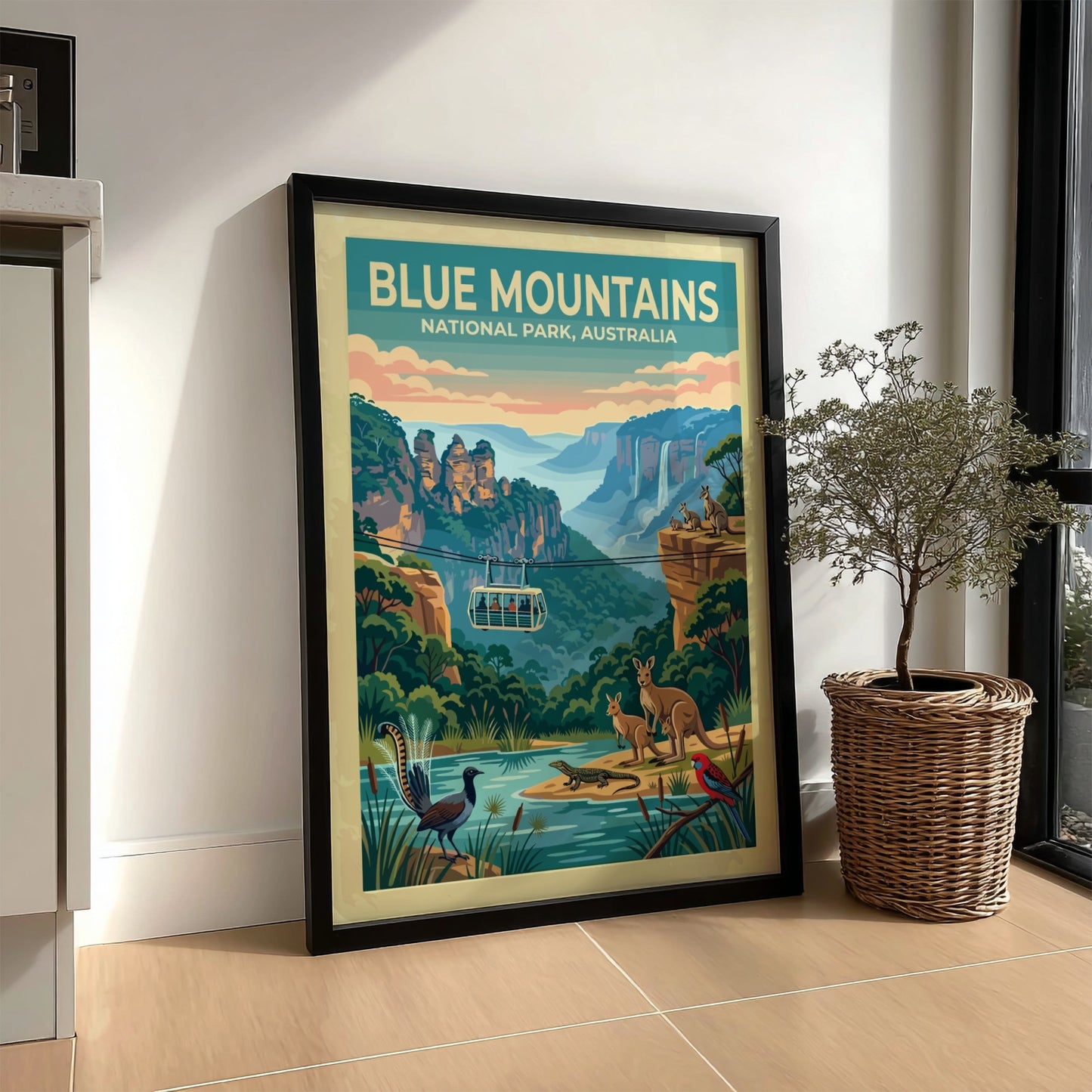 Australia travel poster featuring the Blue Mountains with cable car and native wildlife