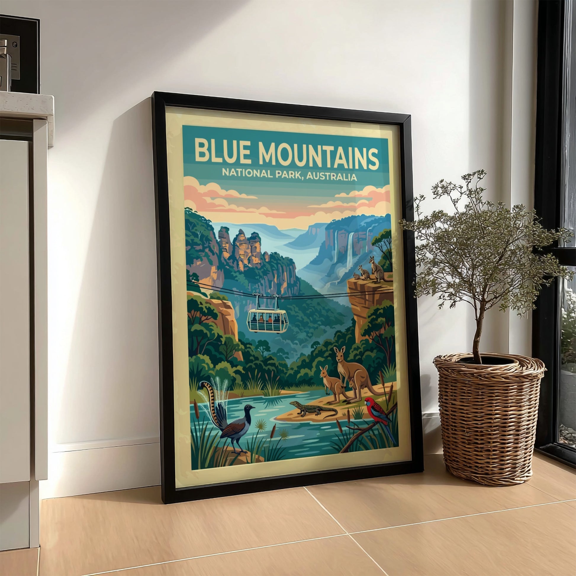 Australia travel poster featuring the Blue Mountains with cable car and native wildlife