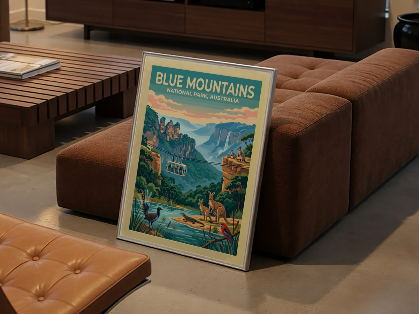 Australia travel poster featuring the Blue Mountains with cable car and native wildlife