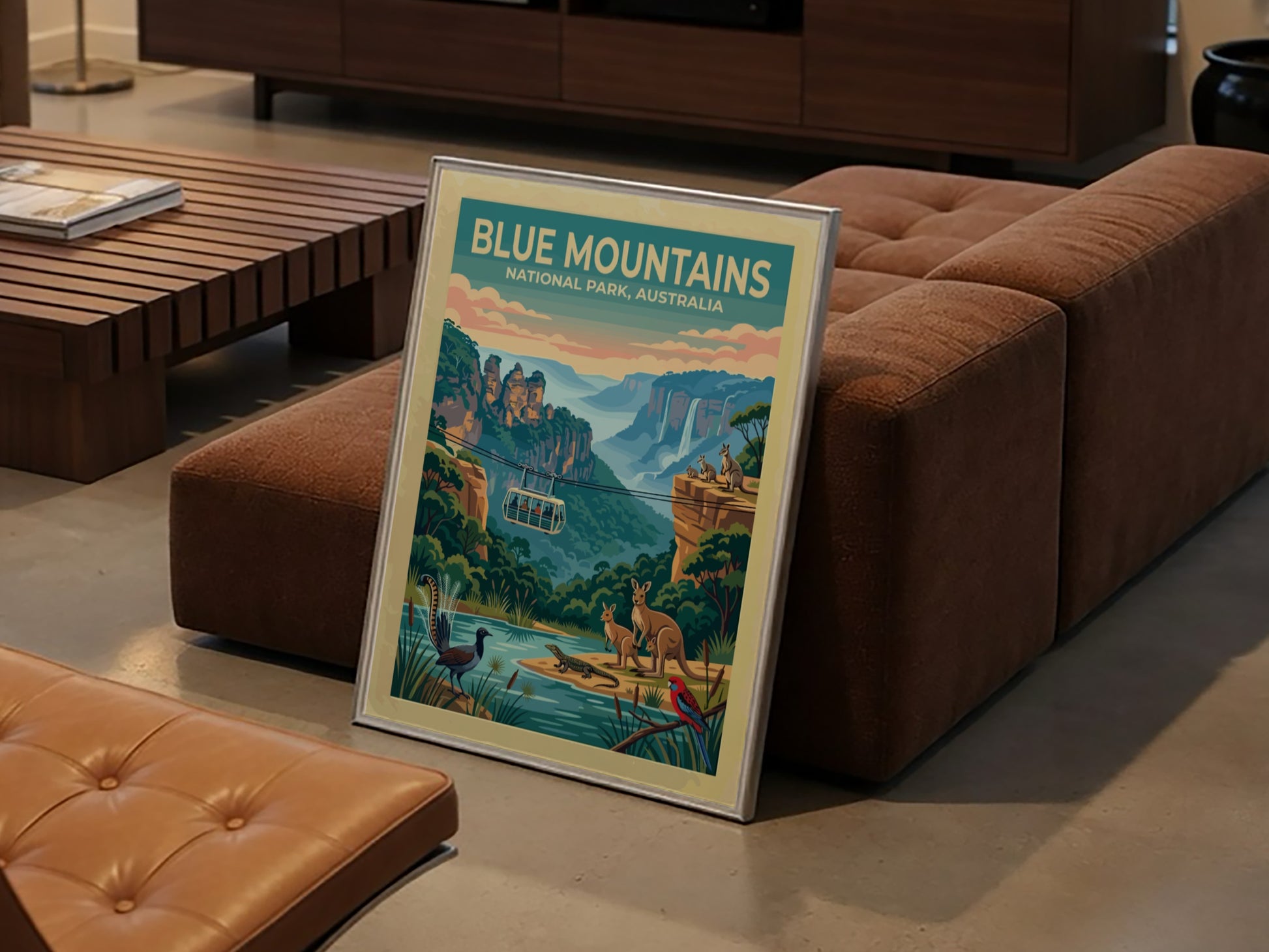 Australia travel poster featuring the Blue Mountains with cable car and native wildlife