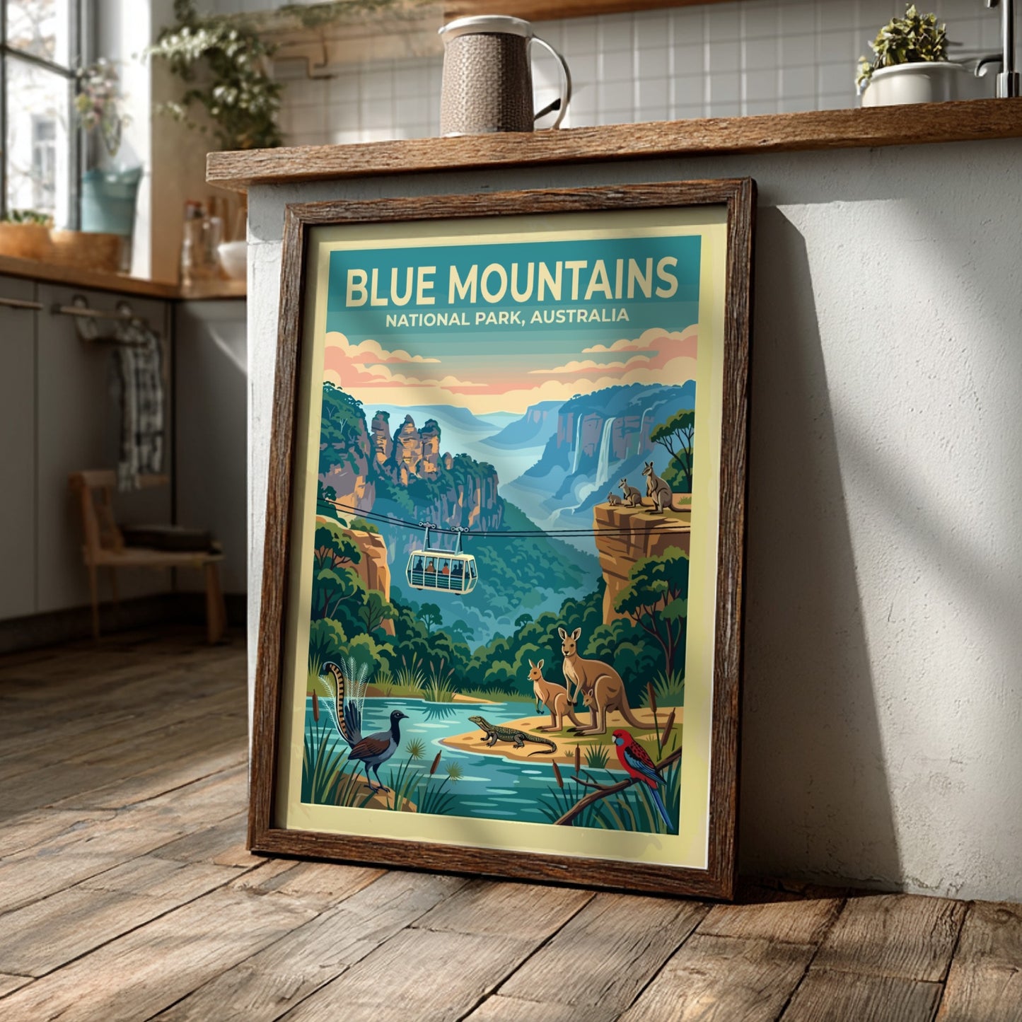 Australia travel poster featuring the Blue Mountains with cable car and native wildlife