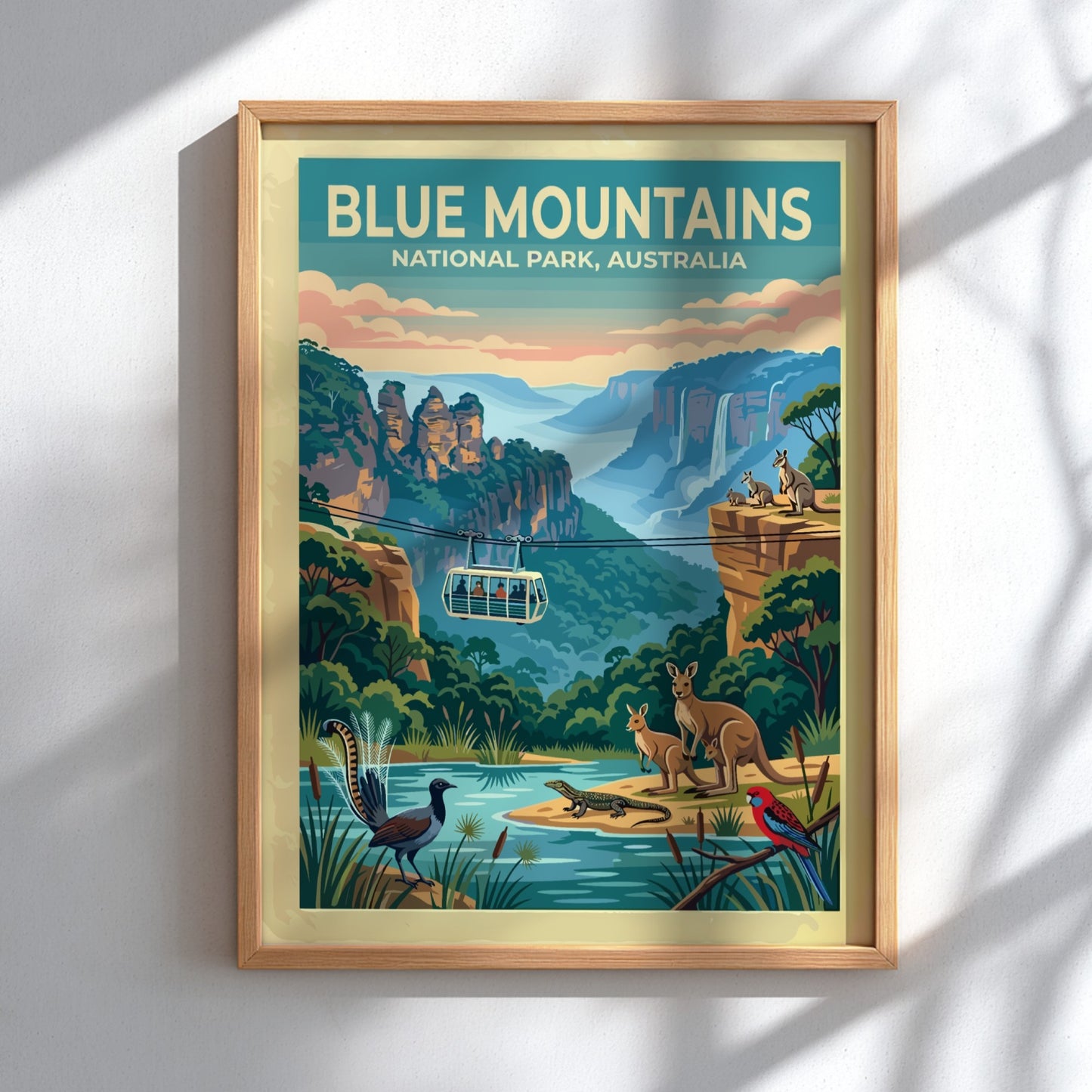 Australia travel poster featuring the Blue Mountains with cable car and native wildlife